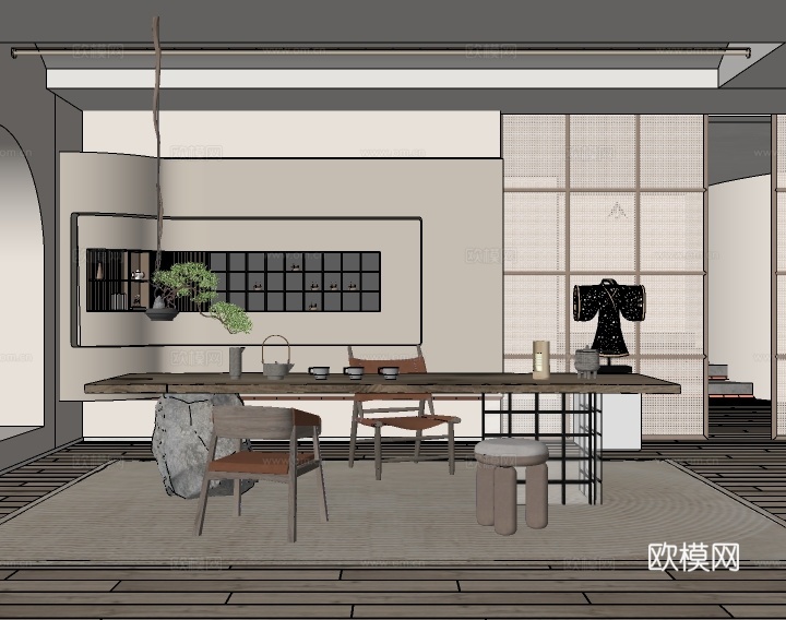 现代侘寂茶室su模型下载