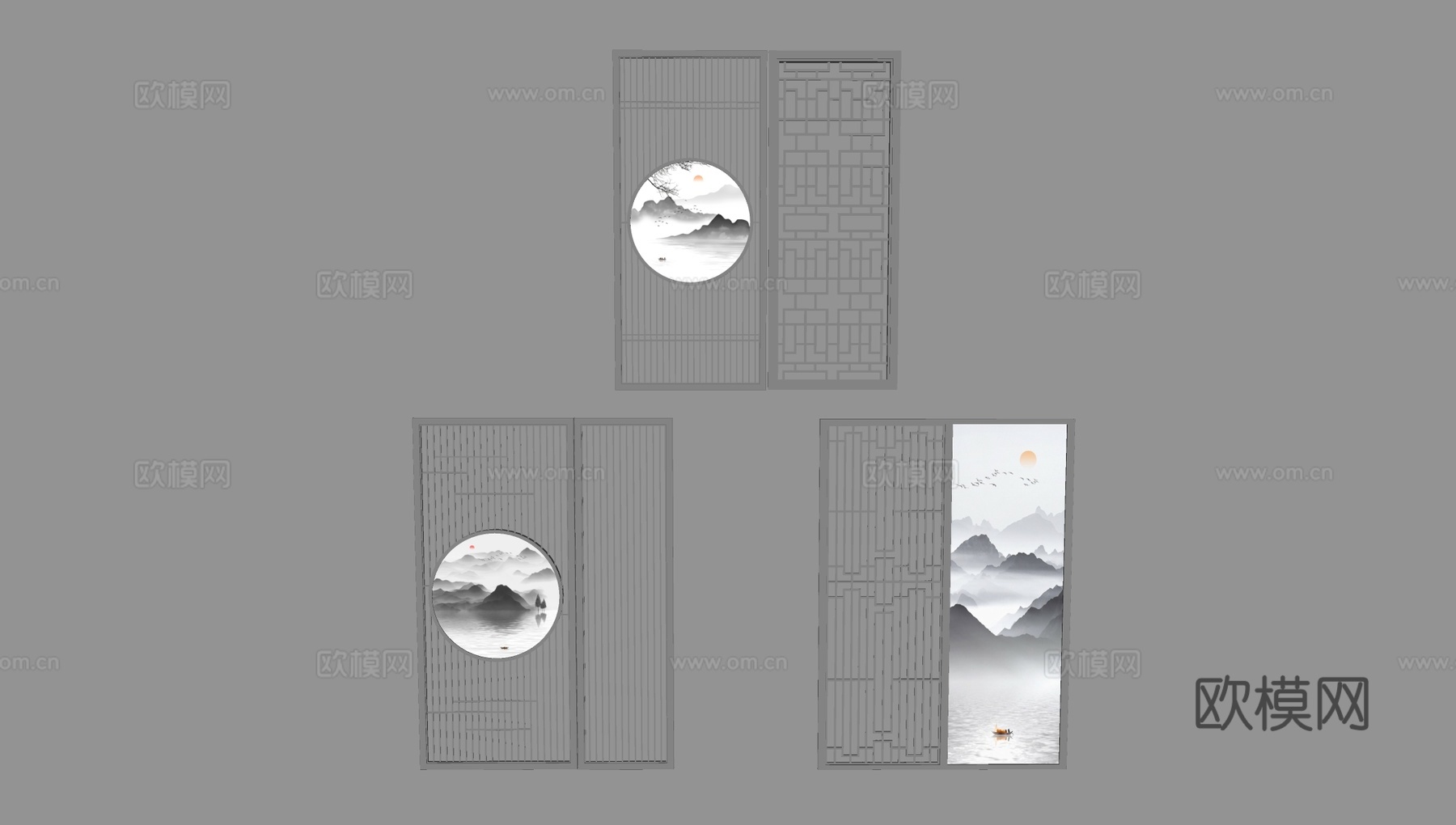 新中式山水墨屏风su模型