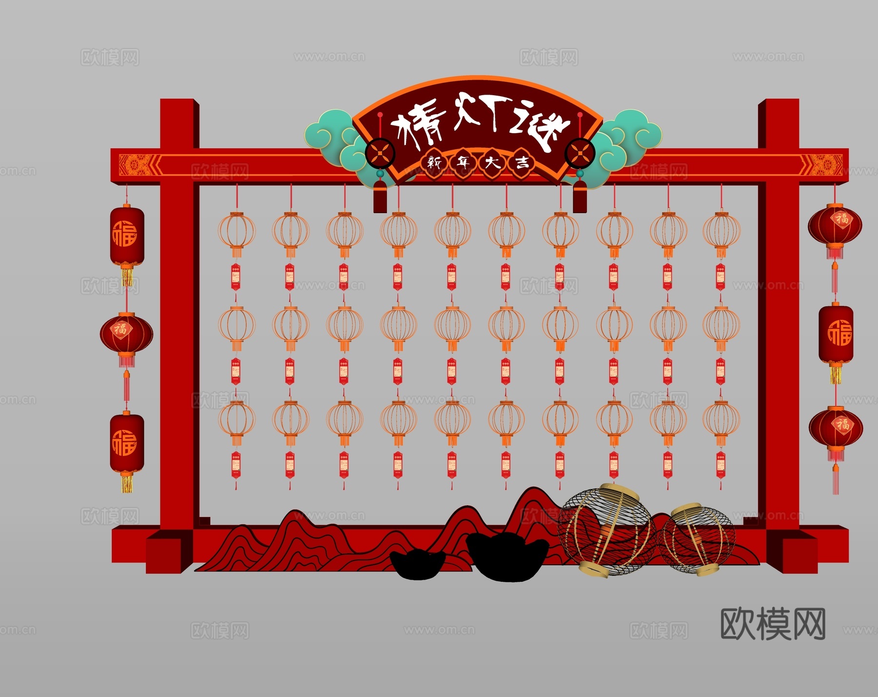 中式元宵节氛围美陈 灯笼美陈装饰su模型