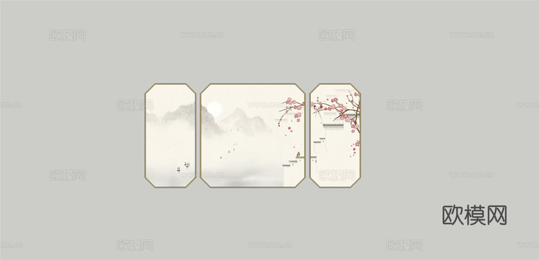 新中式山水装饰挂画su模型下载