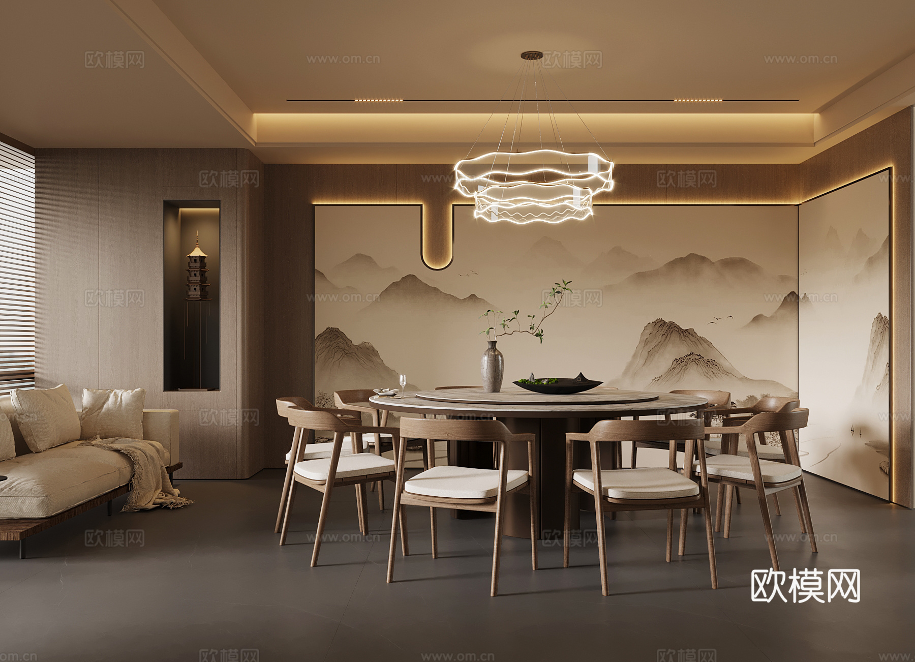 新中式包厢 餐饮包间 餐桌椅3d模型
