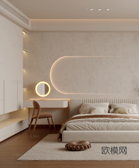 現(xiàn)代奶油風(fēng)臥室3d模型下載(渲染圖2)
