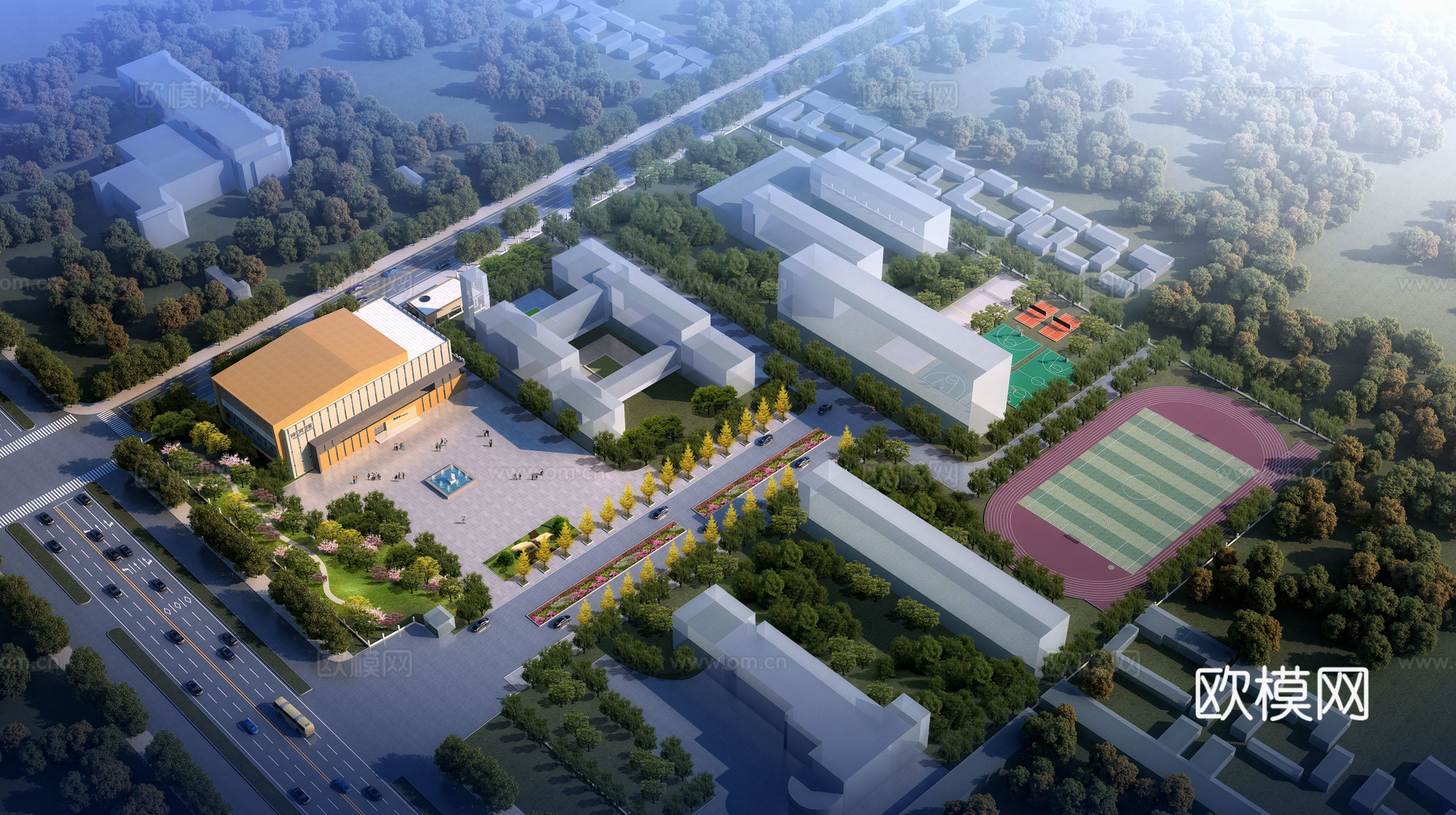 现代学校体育馆建筑外观su模型下载