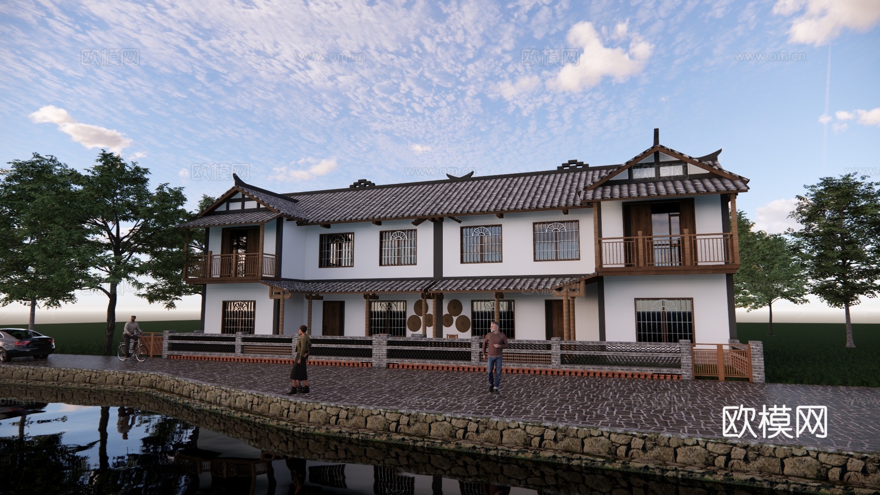 新中式乡村民宿酒店建筑外观su模型下载