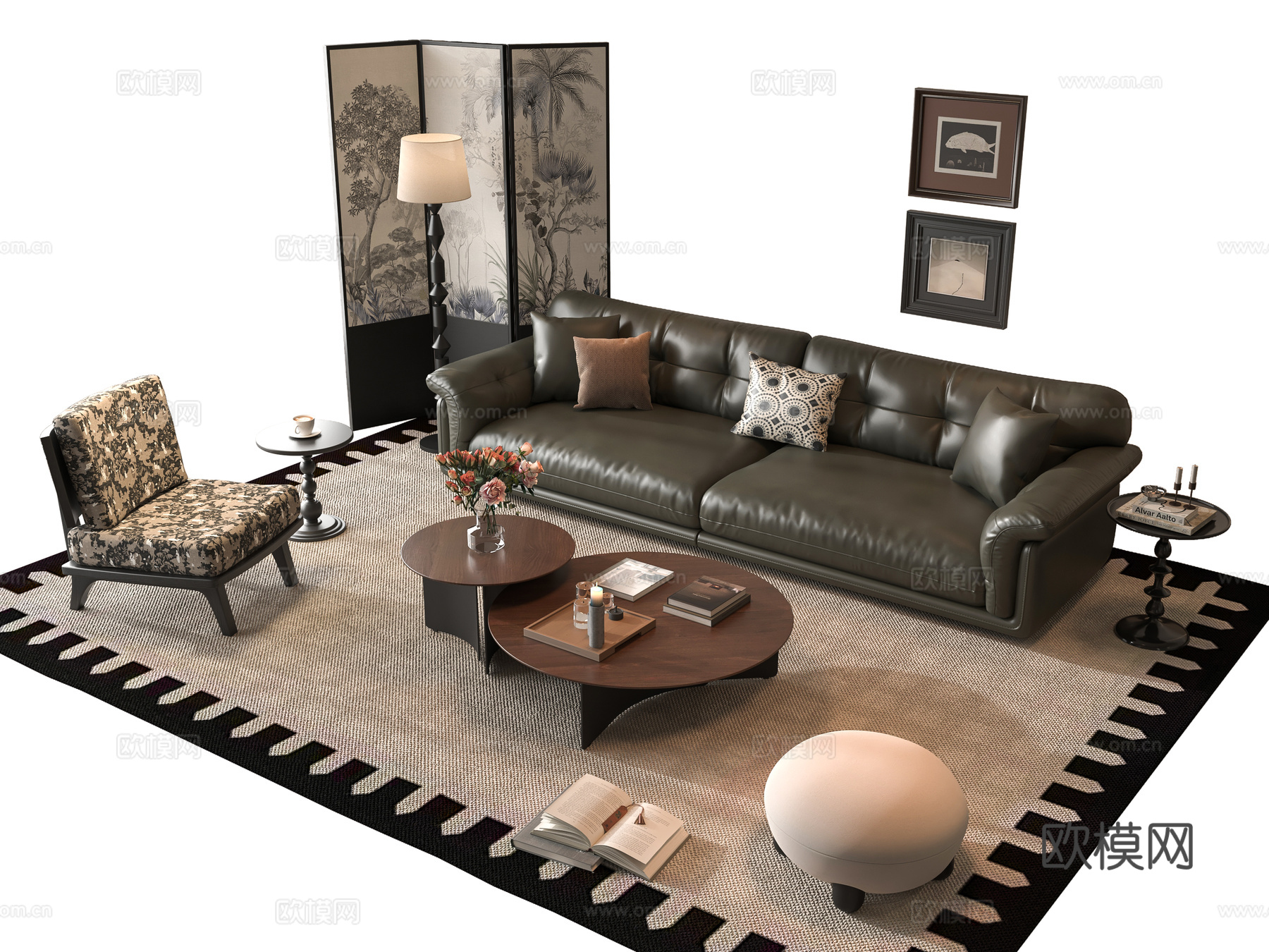 法式沙发茶几组合3d模型下载