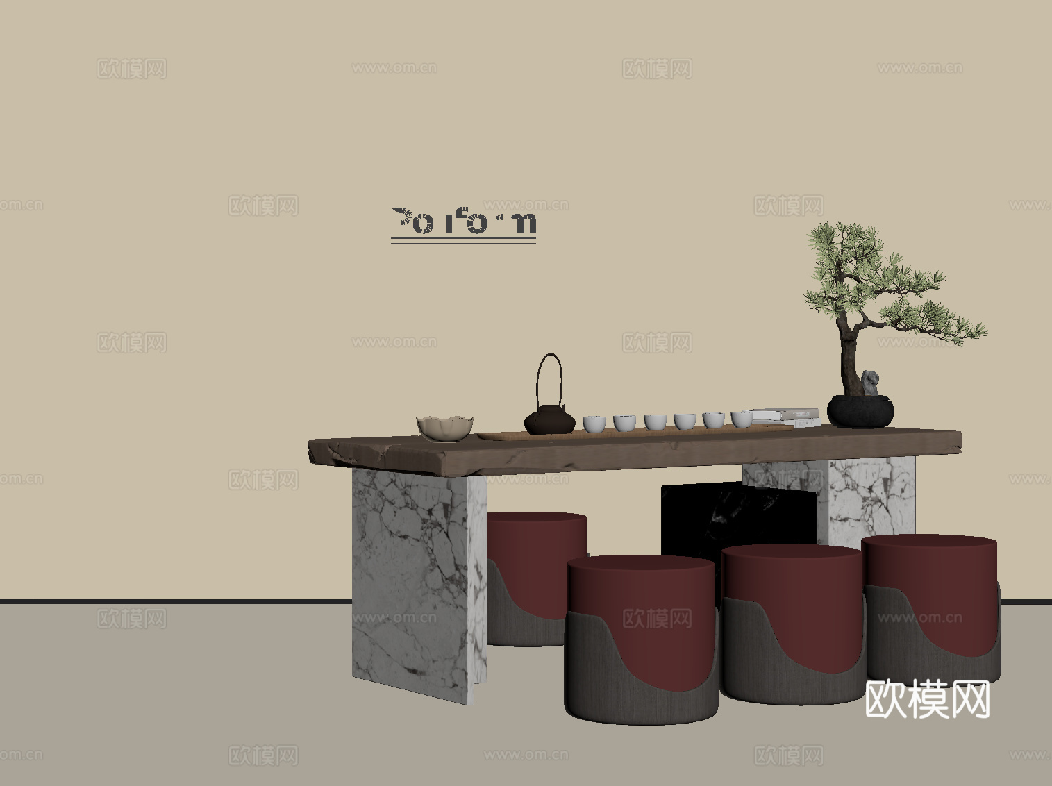 新中式茶台 茶桌椅su模型