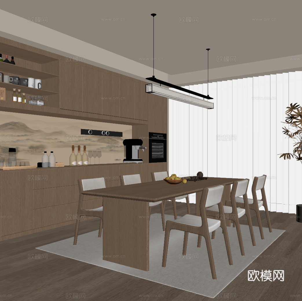 新中式餐厅 酒柜 餐桌椅su模型