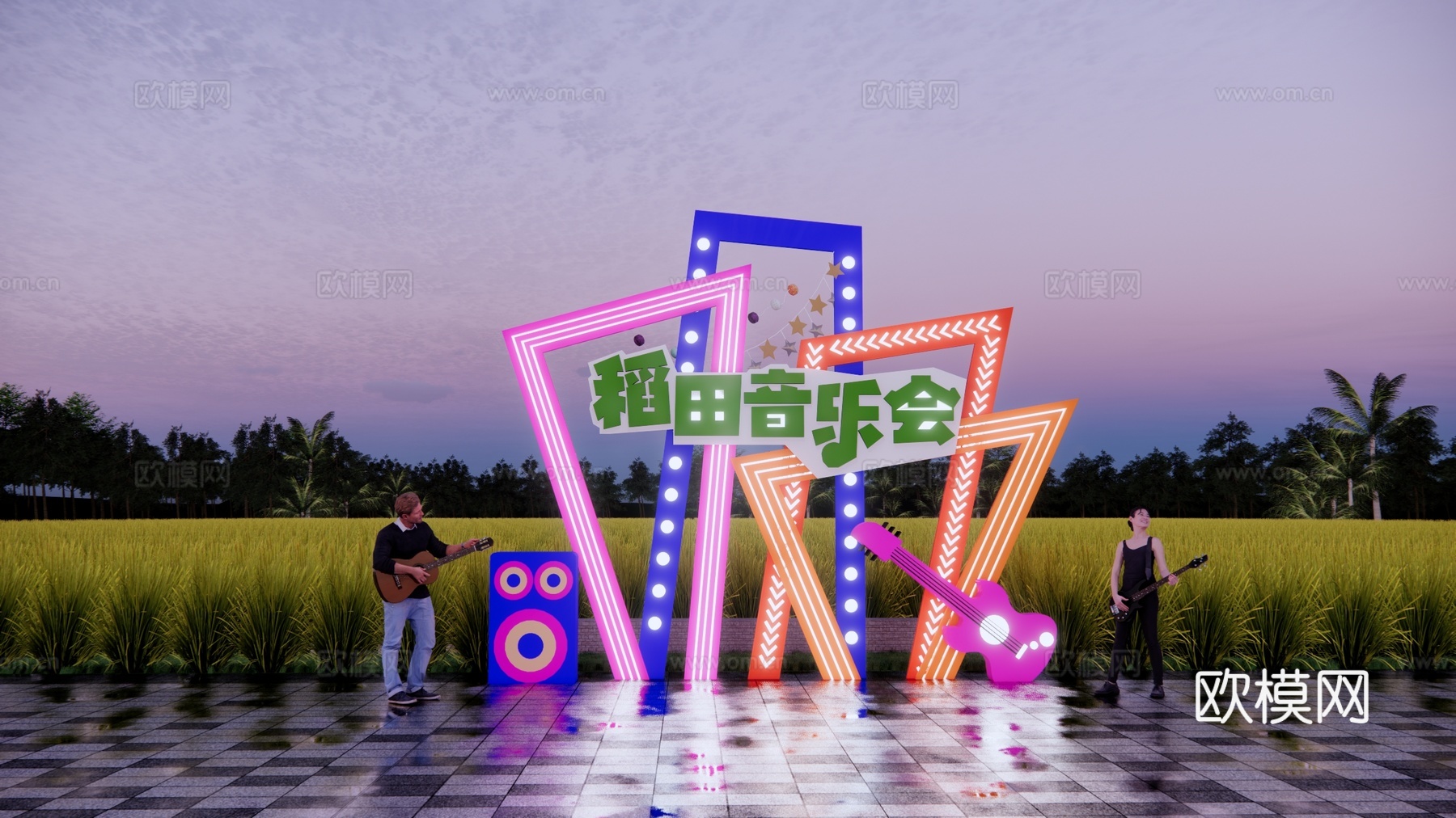 现代稻田乡村景观小品su模型下载