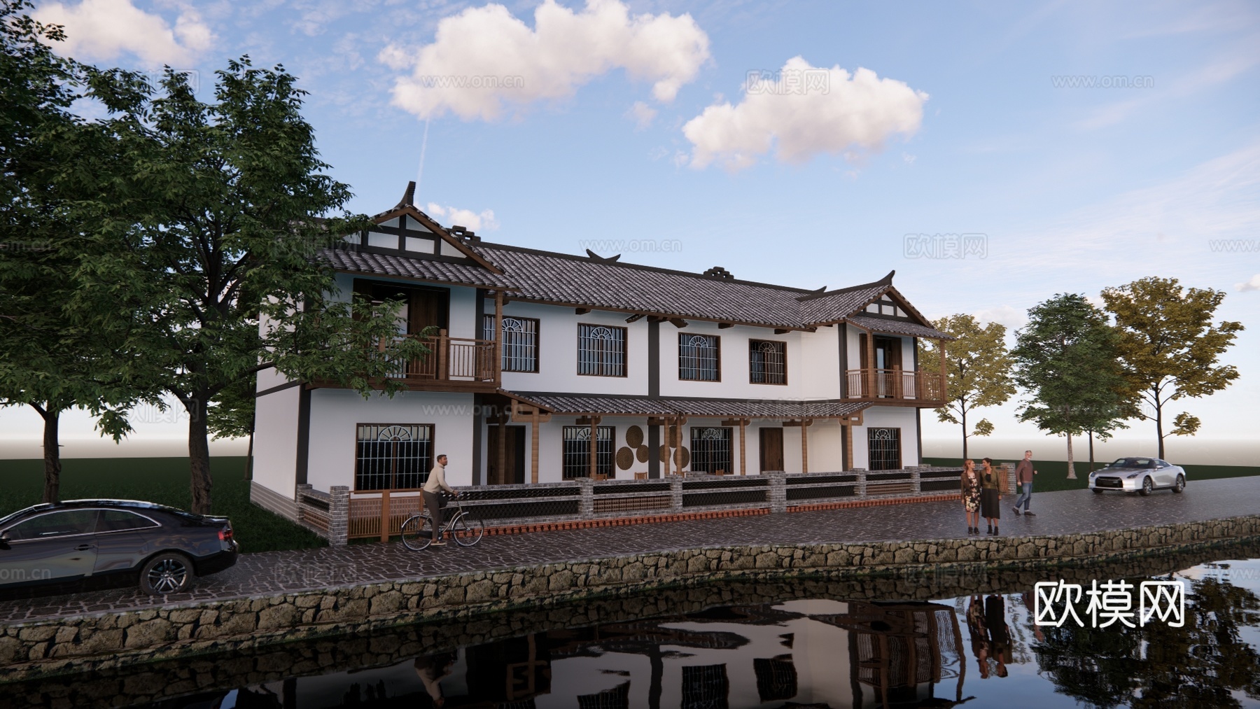 新中式乡村民宿酒店建筑外观su模型下载
