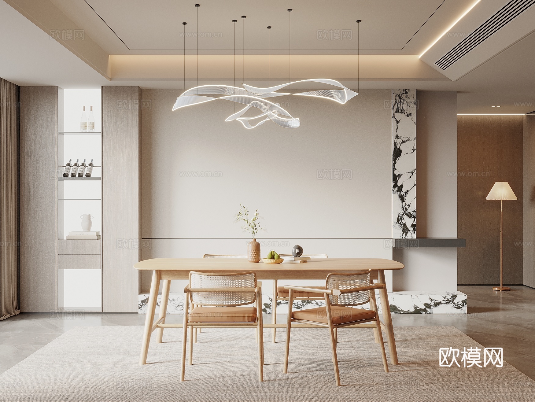 现代原木风餐厅 餐桌椅组合 餐边柜  酒柜 艺术吊灯3d模型