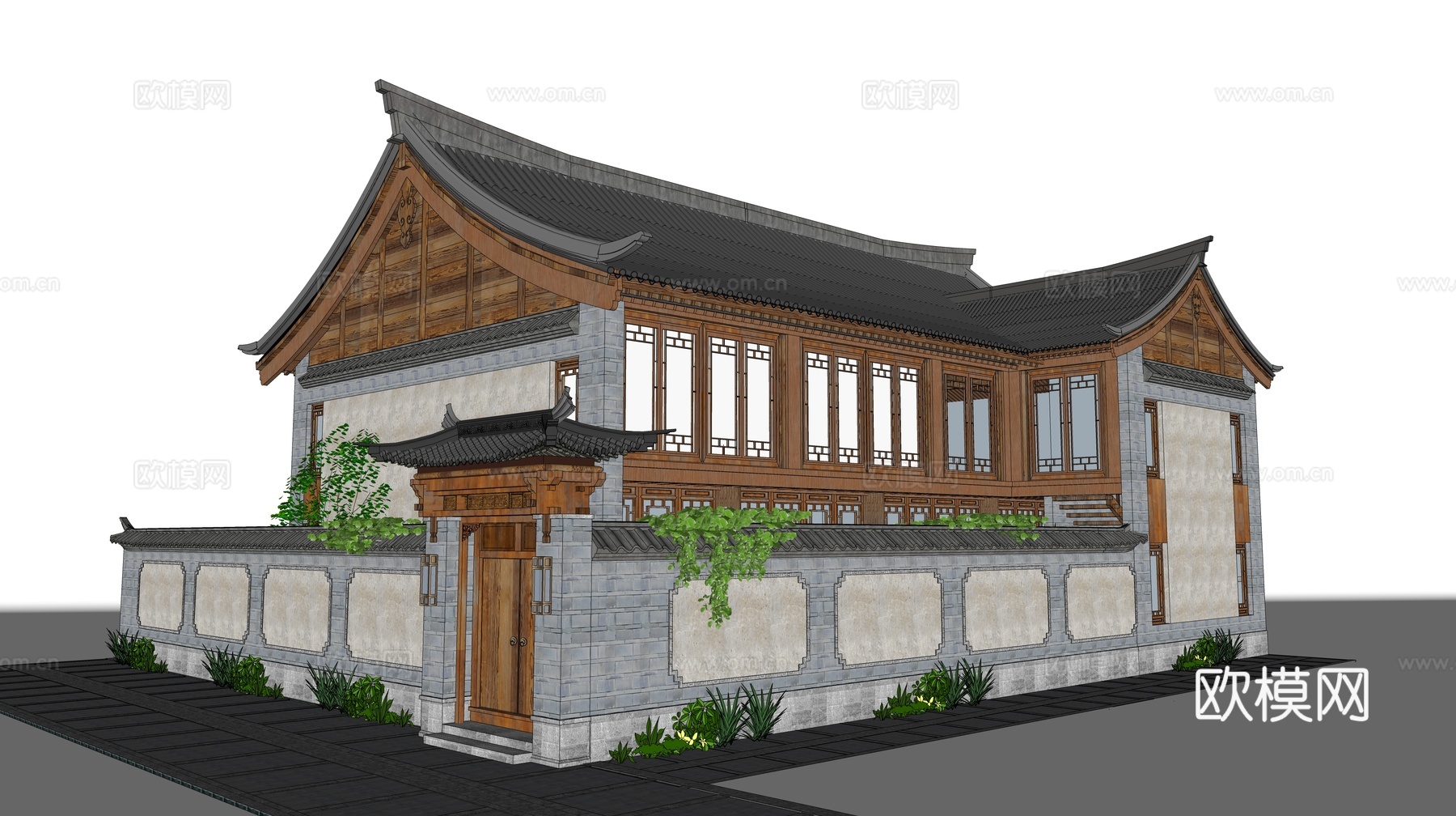 中式乡村民宿建筑外观su模型下载