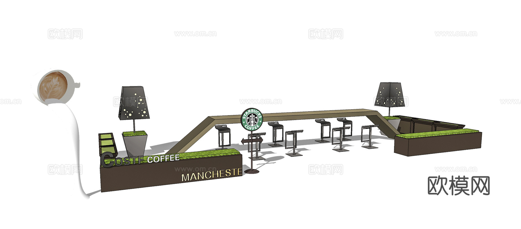 现代星巴克户外休闲桌椅su模型下载下载（渲染图3）