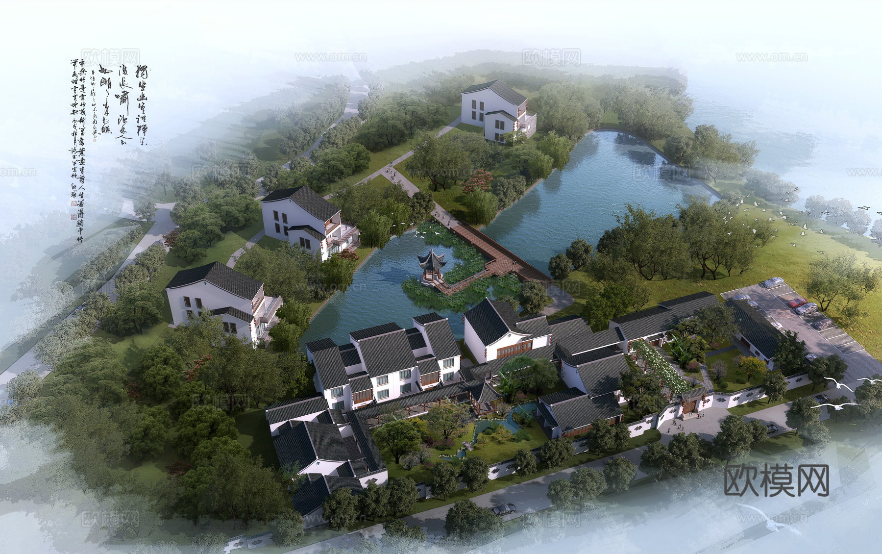 中式度假村建筑外观su模型下载