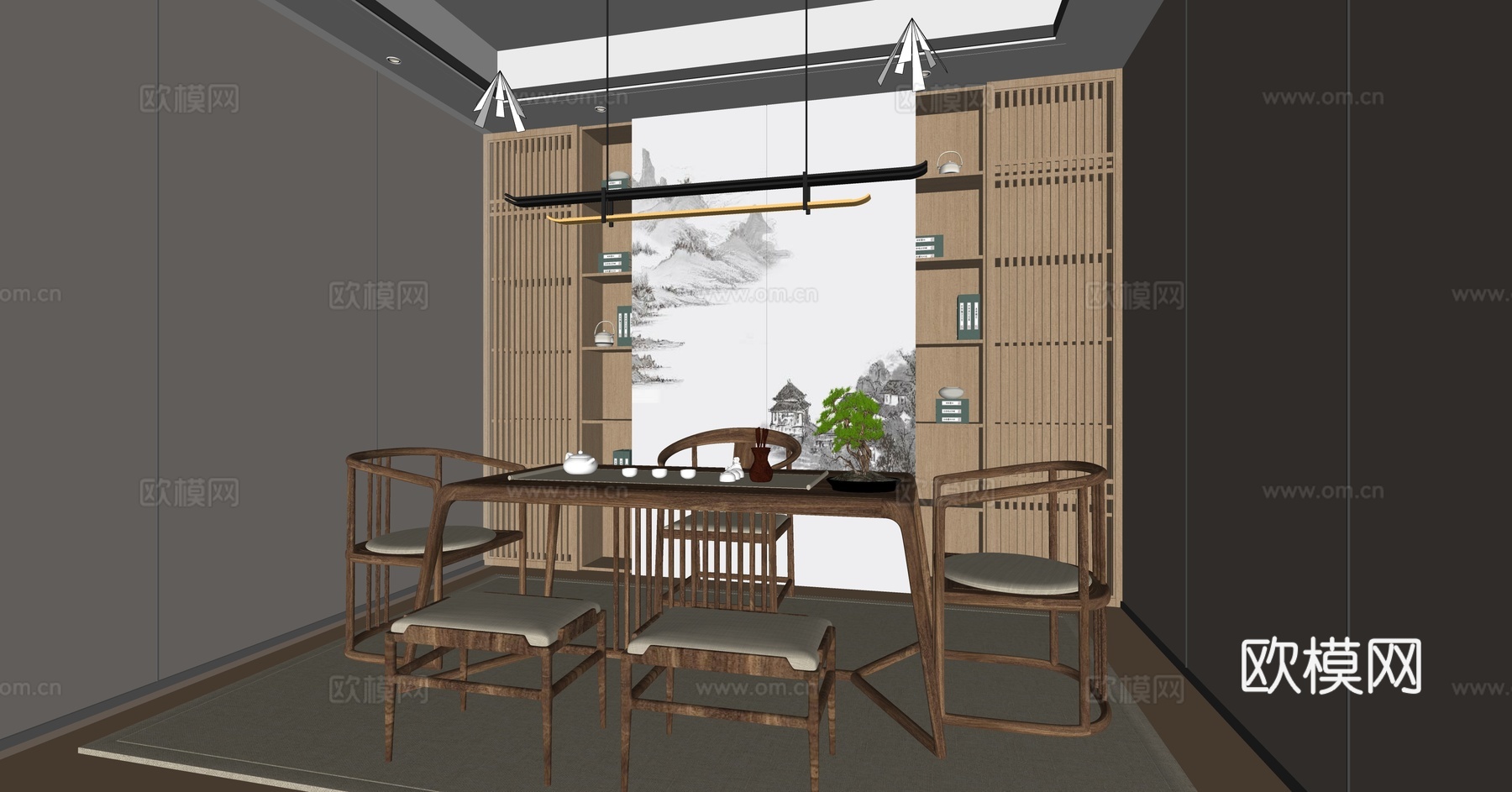 新中式茶室su模型下载