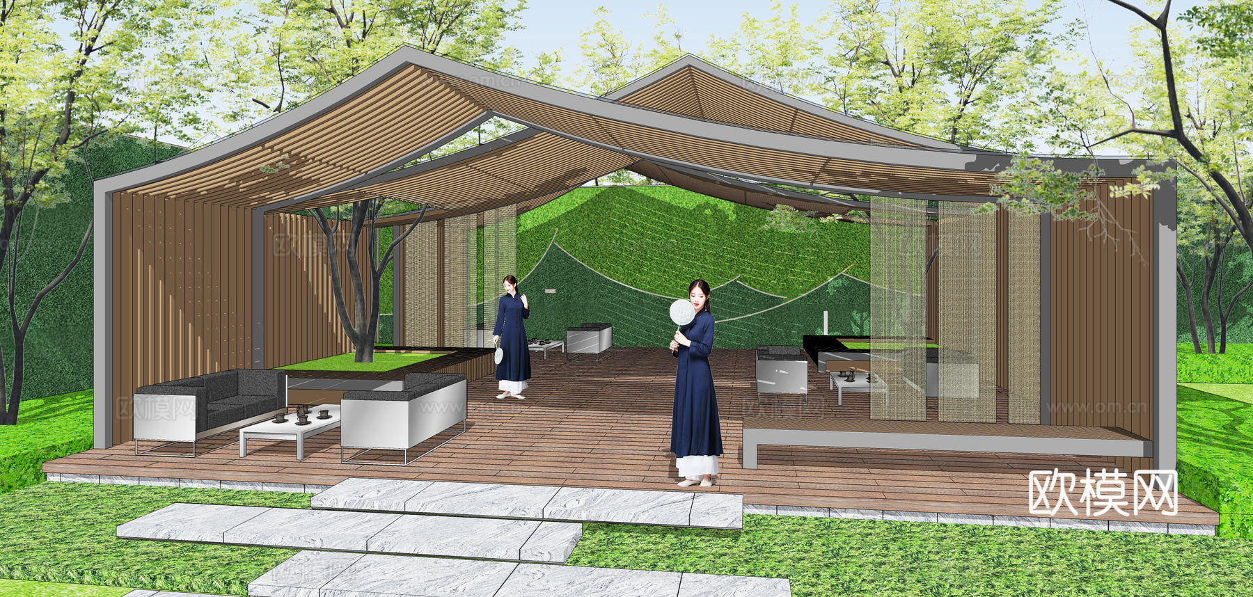 新中式斜屋顶廊架su模型下载