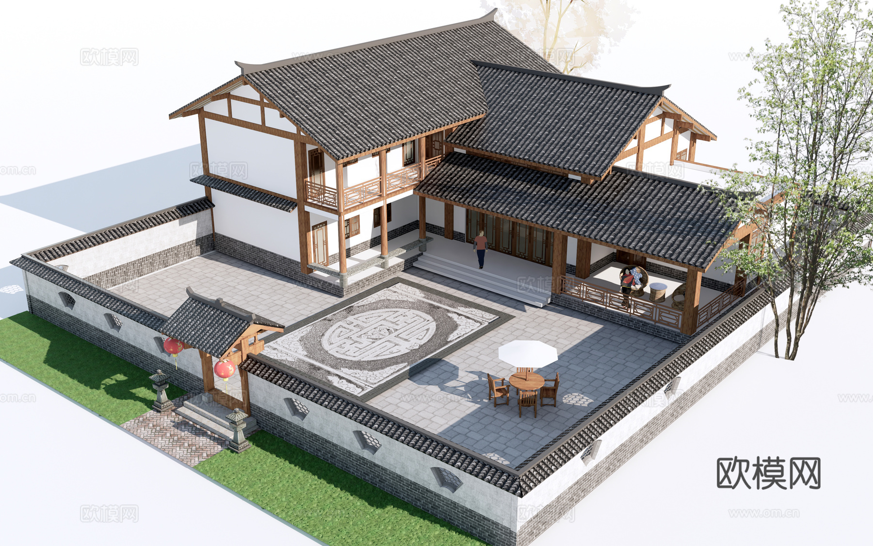 中式乡村民宿建筑外观su模型下载