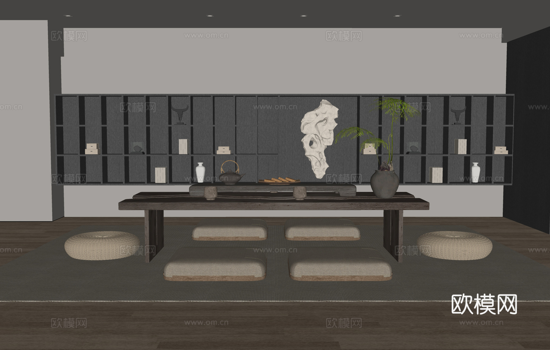 侘寂茶室 榻榻米茶桌椅 茶台 茶具 盆栽摆件 壁柜 茶柜su模型