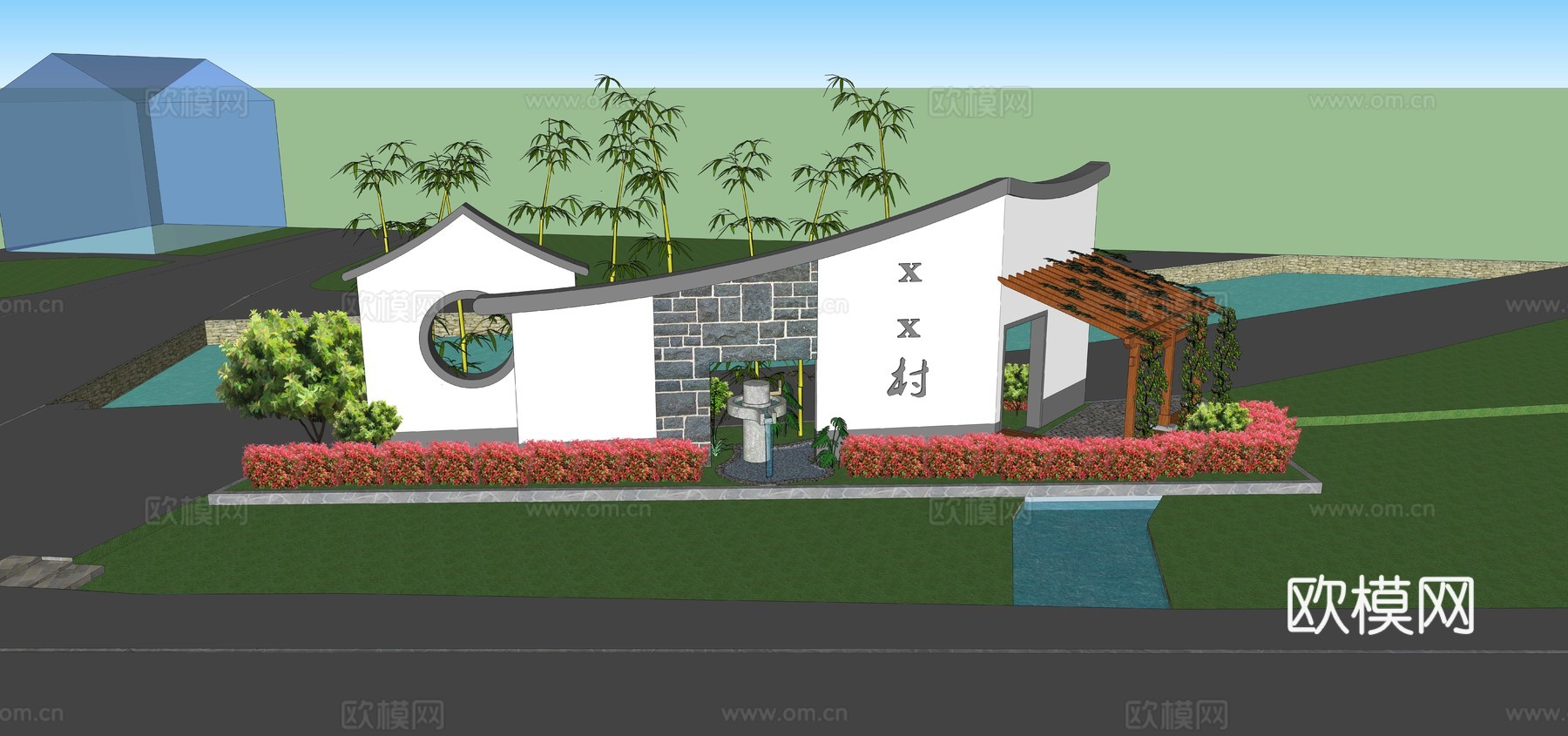乡村入口节点景墙su模型下载