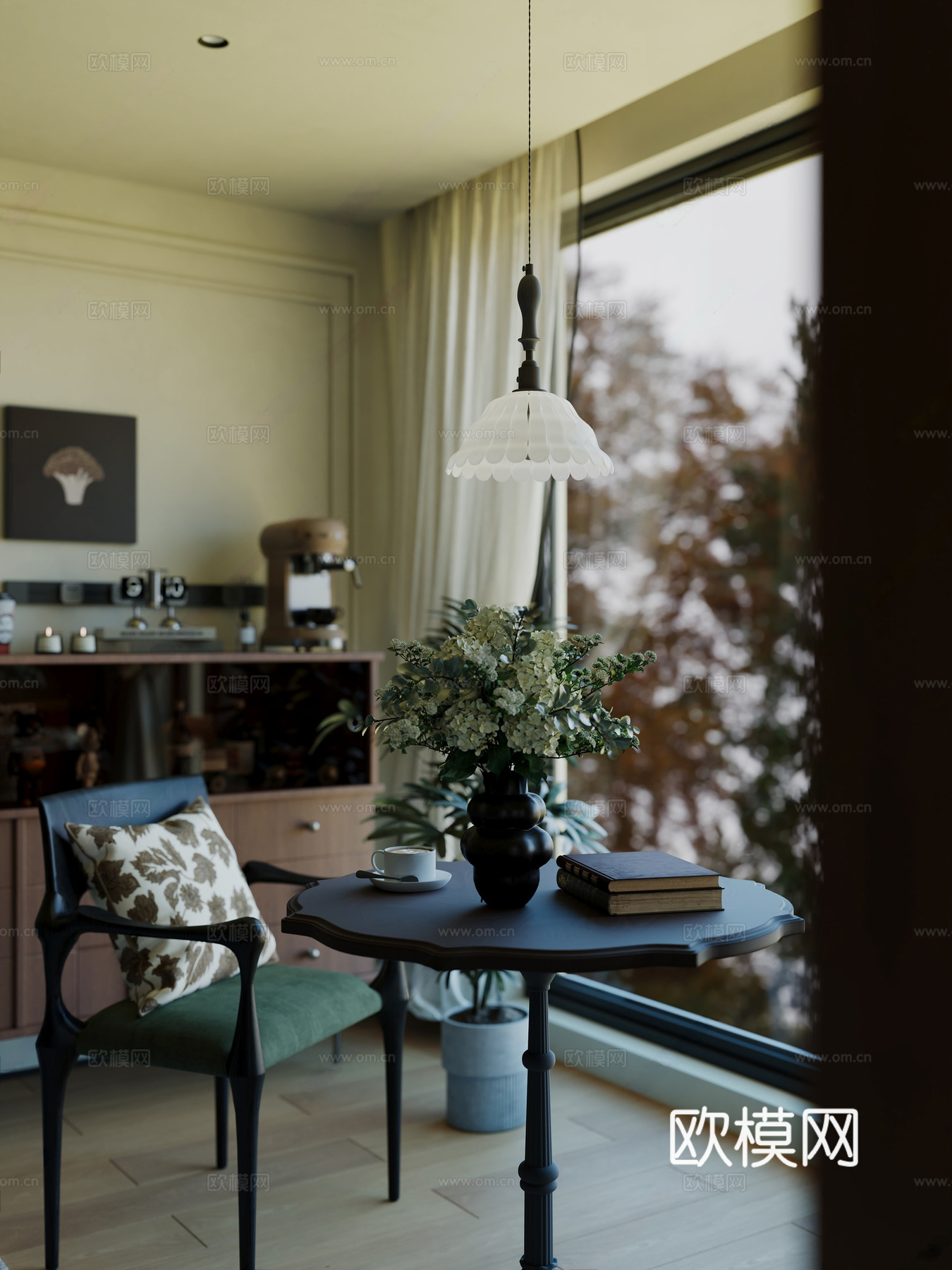 中古阳台 单人椅 休闲区 休闲桌椅 装饰柜 中古花瓶 饰品摆3d模型下载