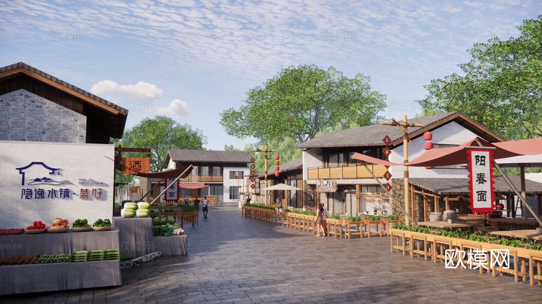 中式乡村商业街 风貌改造 民宿建筑 餐饮建筑 土基房改造su模型下载