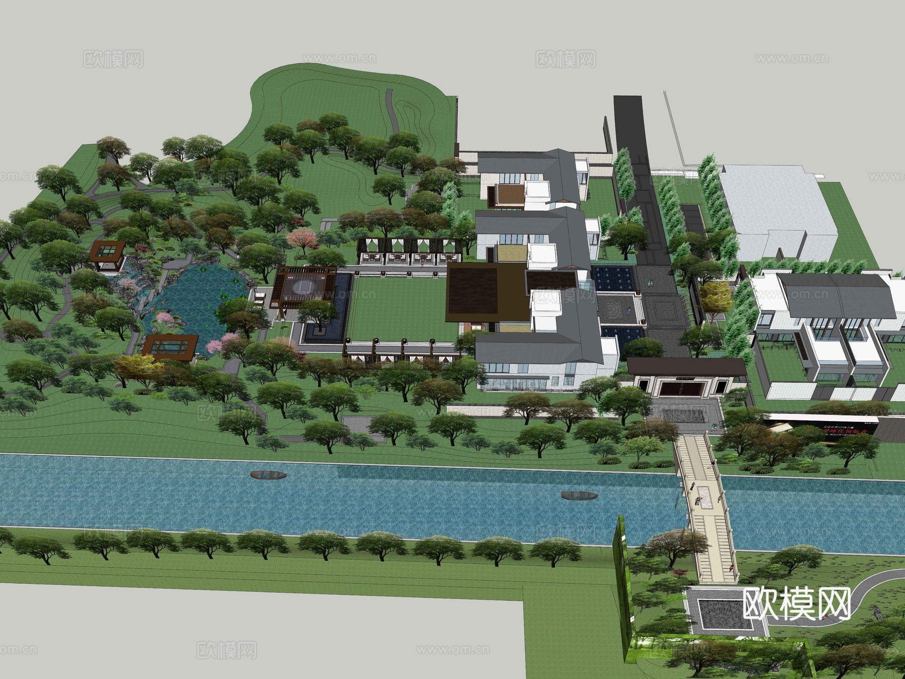 中式别墅景观绿地示范区su模型下载