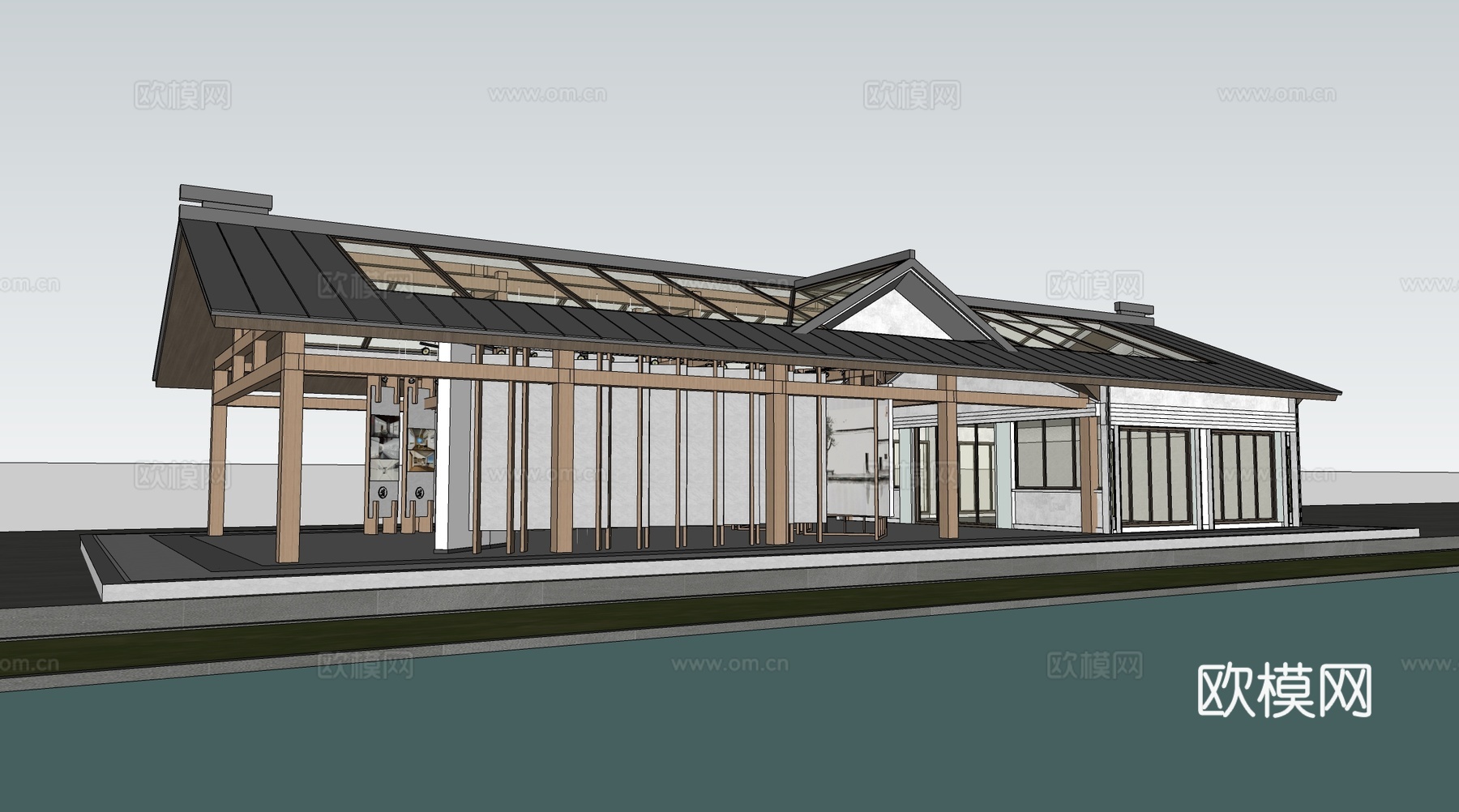 新中式展览建筑su模型下载