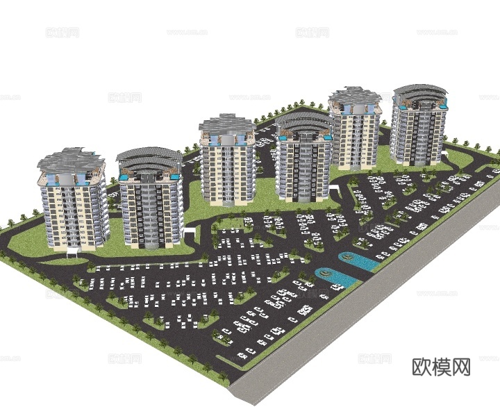现代高层住宅小区外观su模型下载
