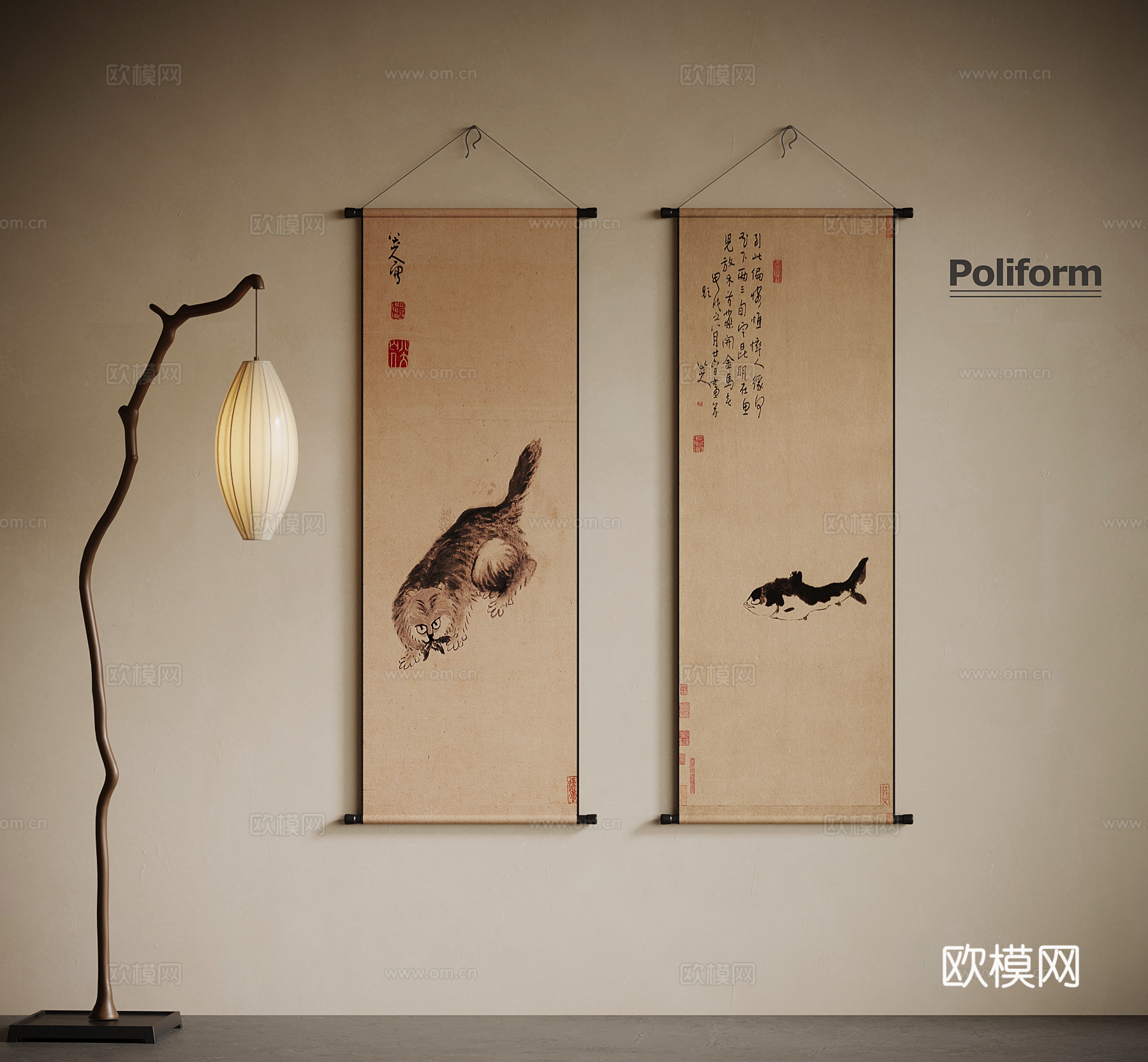新中式装饰画 卷轴画 落地灯3d模型