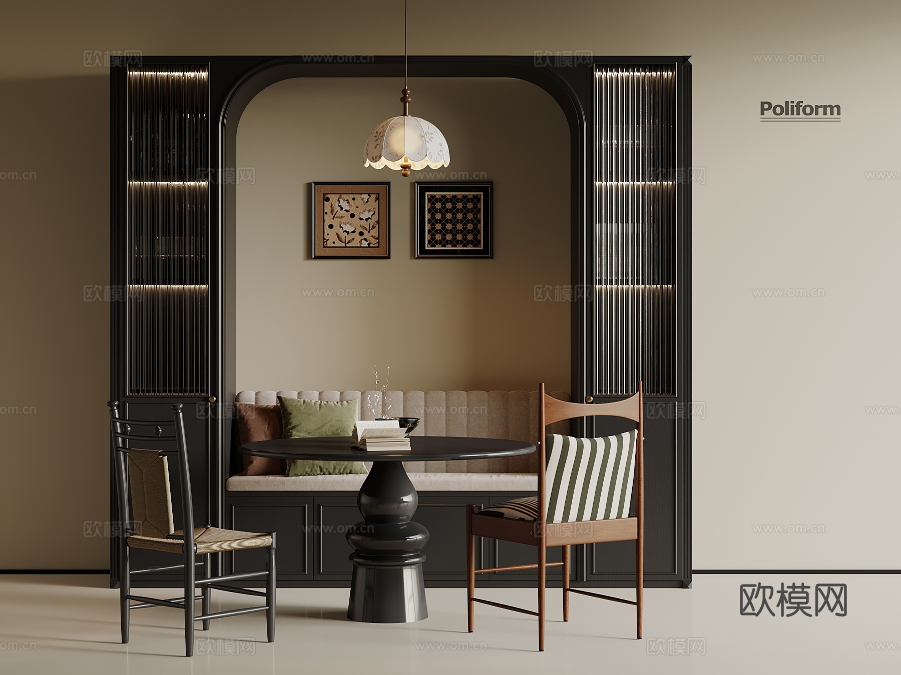 法式卡座酒柜 餐桌椅3d模型下载