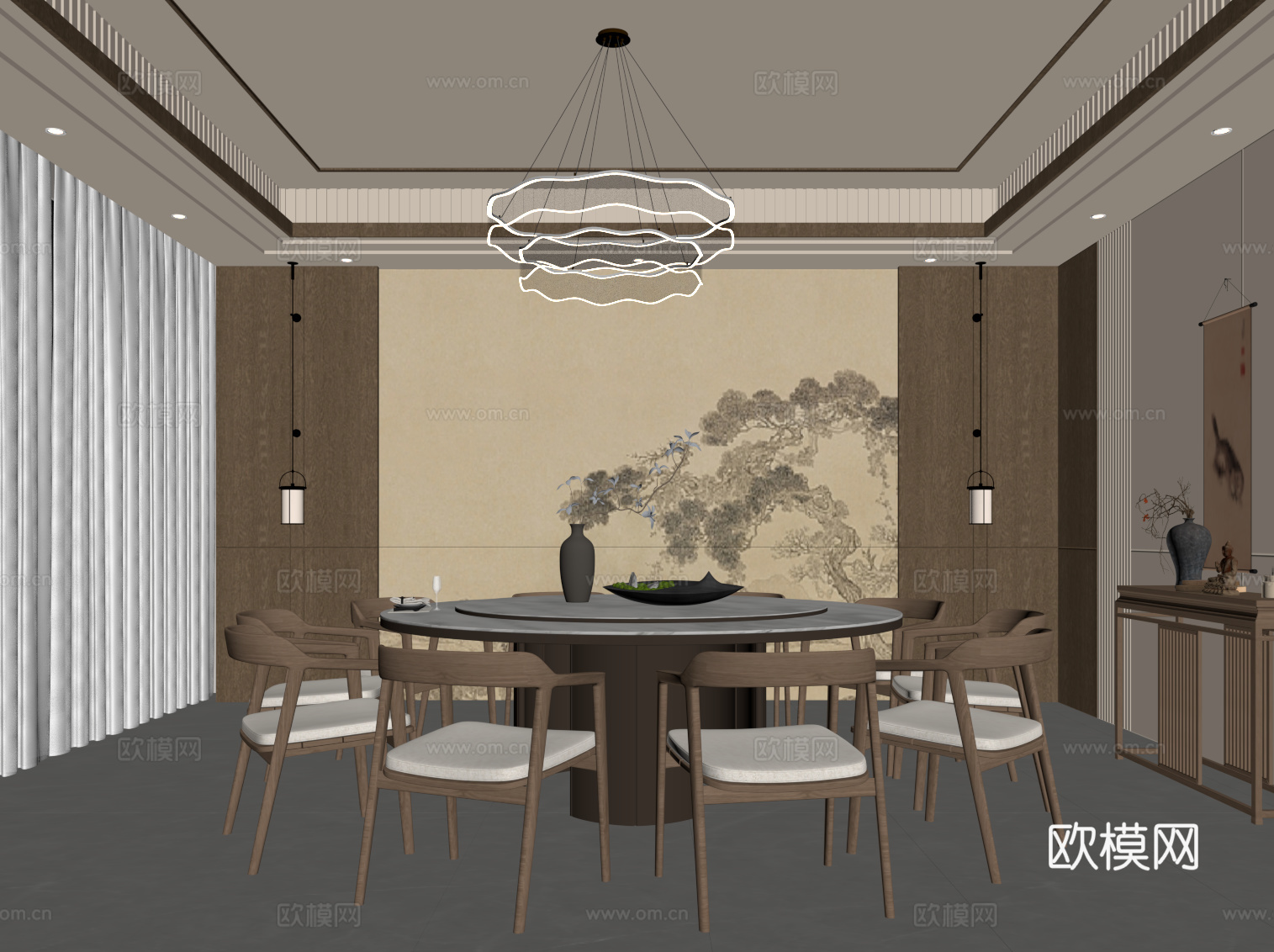 新中式包厢 包间 餐桌椅su模型