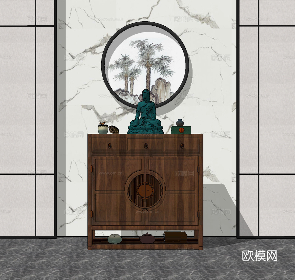 新中式实木端景柜su模型下载