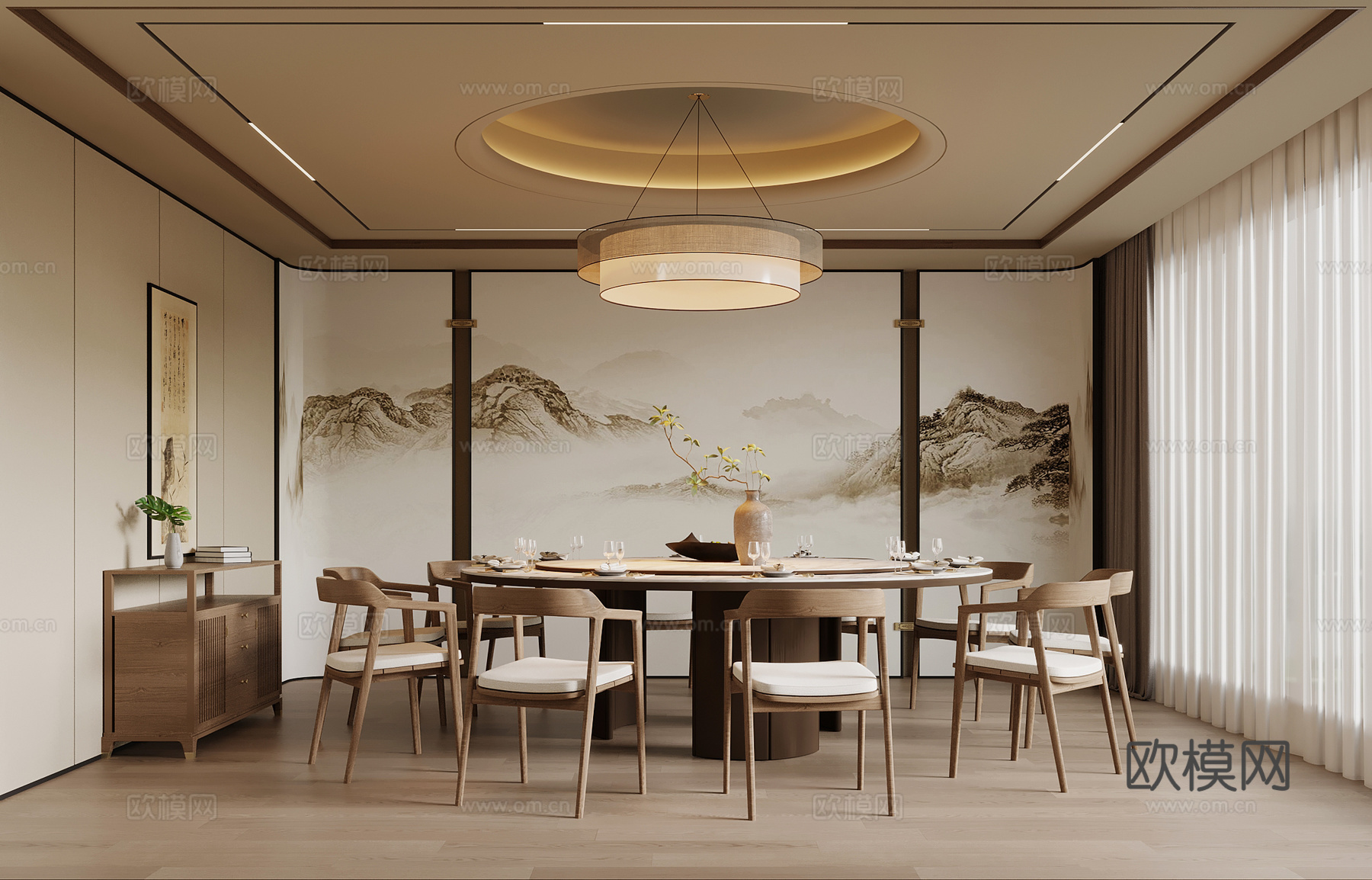 新中式包间 餐饮包厢 圆餐桌椅su模型
