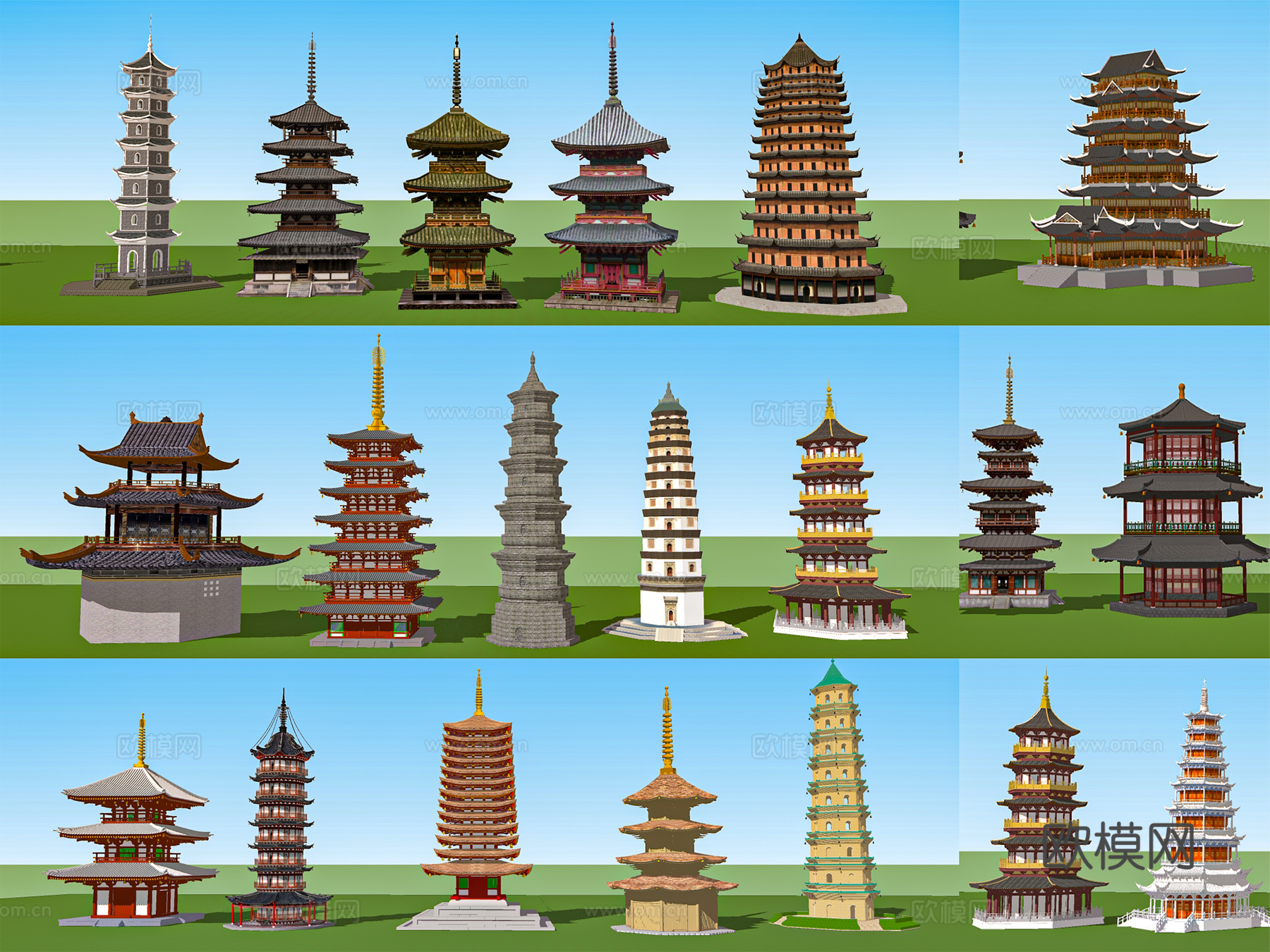 中式古建塔楼台su模型下载