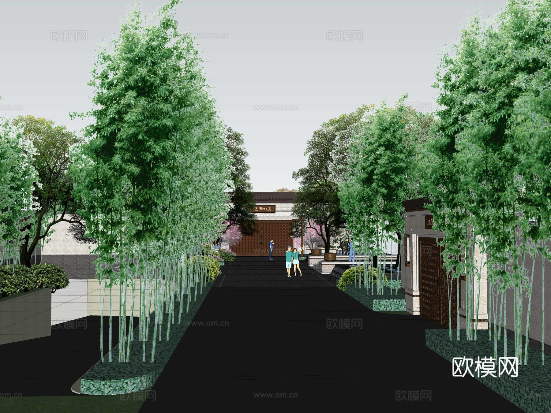 中式别墅景观绿地示范区su模型下载