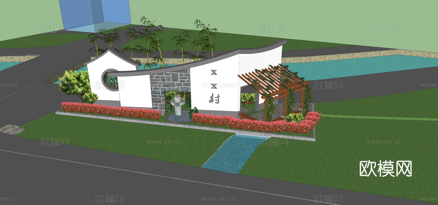乡村入口节点景墙su模型下载