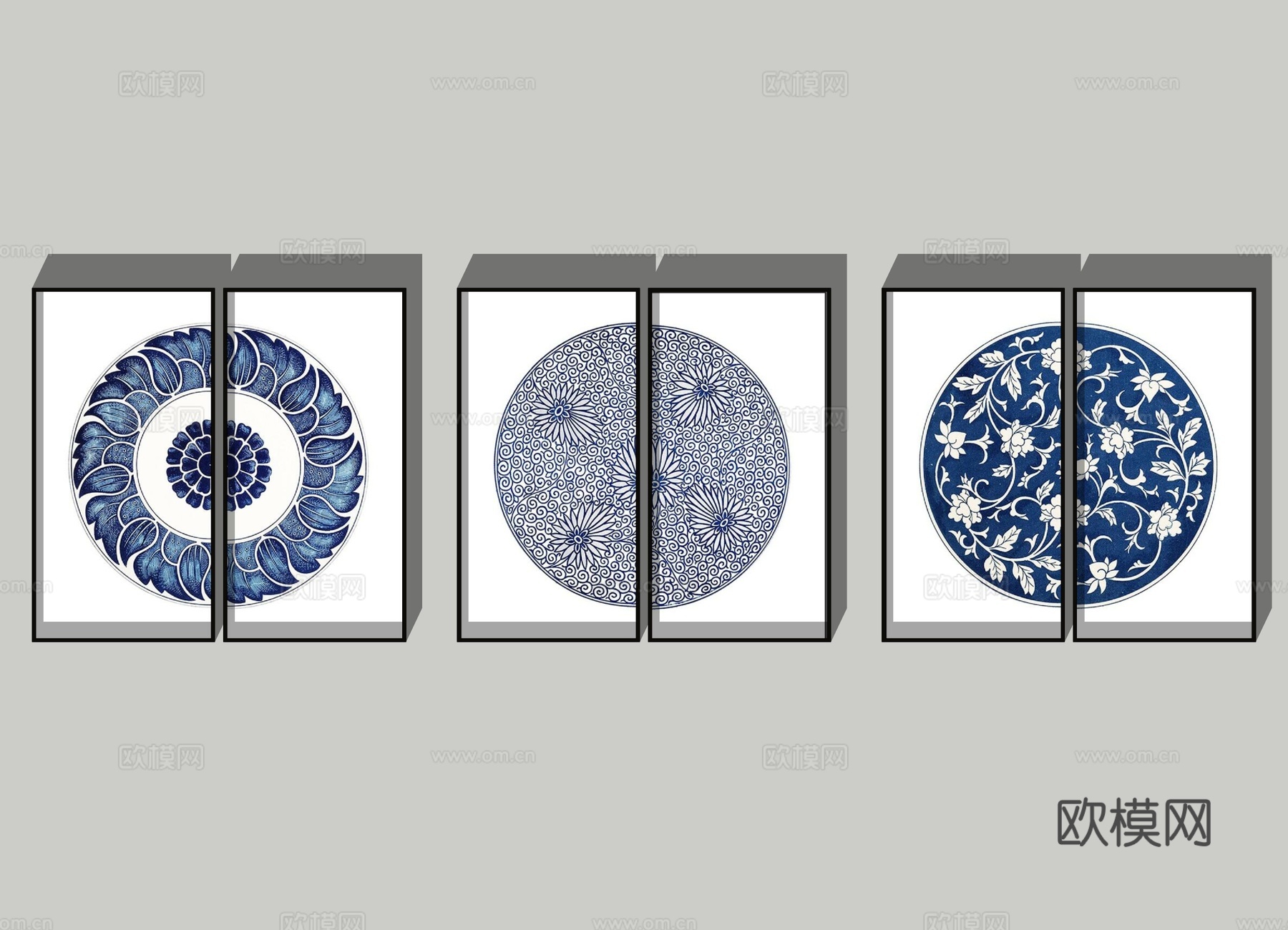 现代青花瓷装饰挂画su模型下载