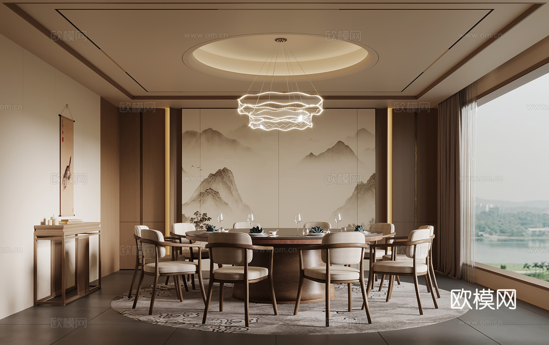 新中式包间 餐饮包厢 圆餐桌椅3d模型