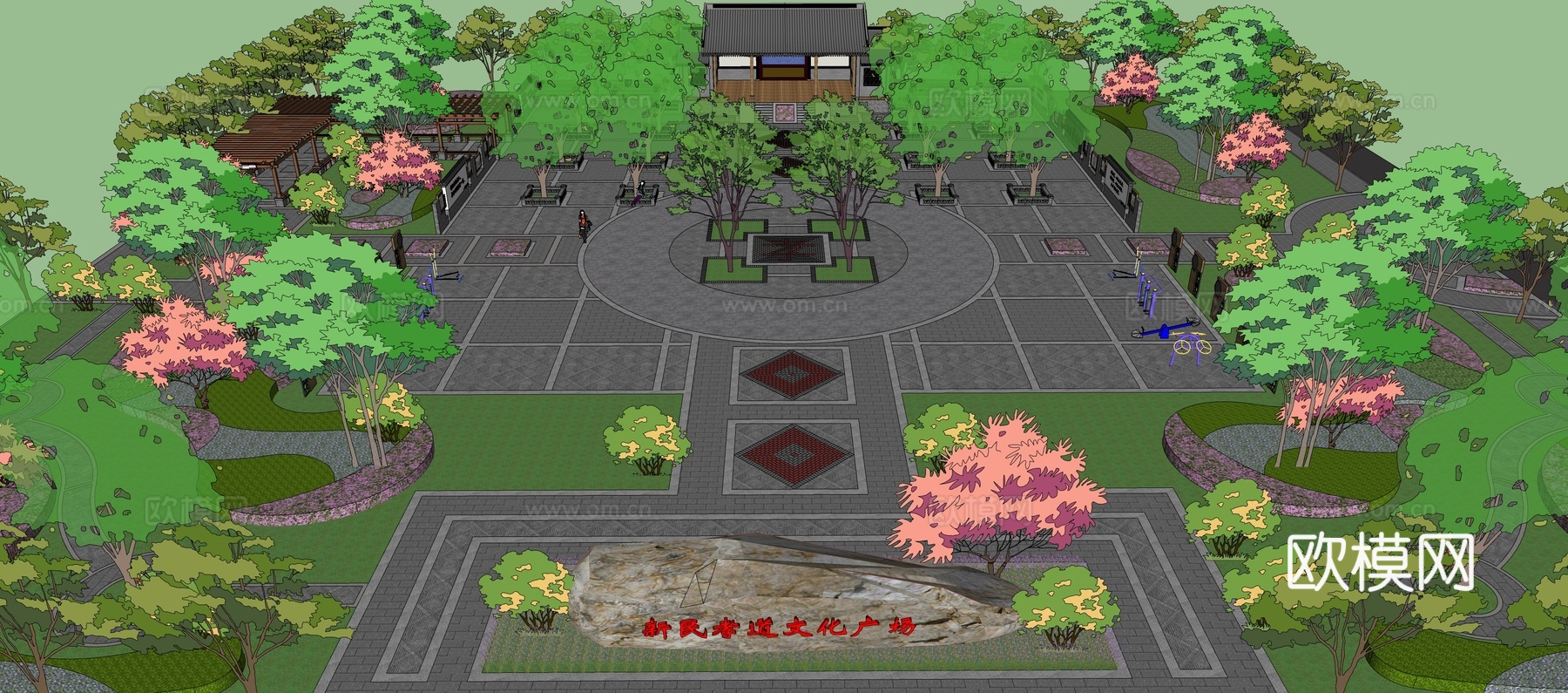新中式公园广场景观su模型下载