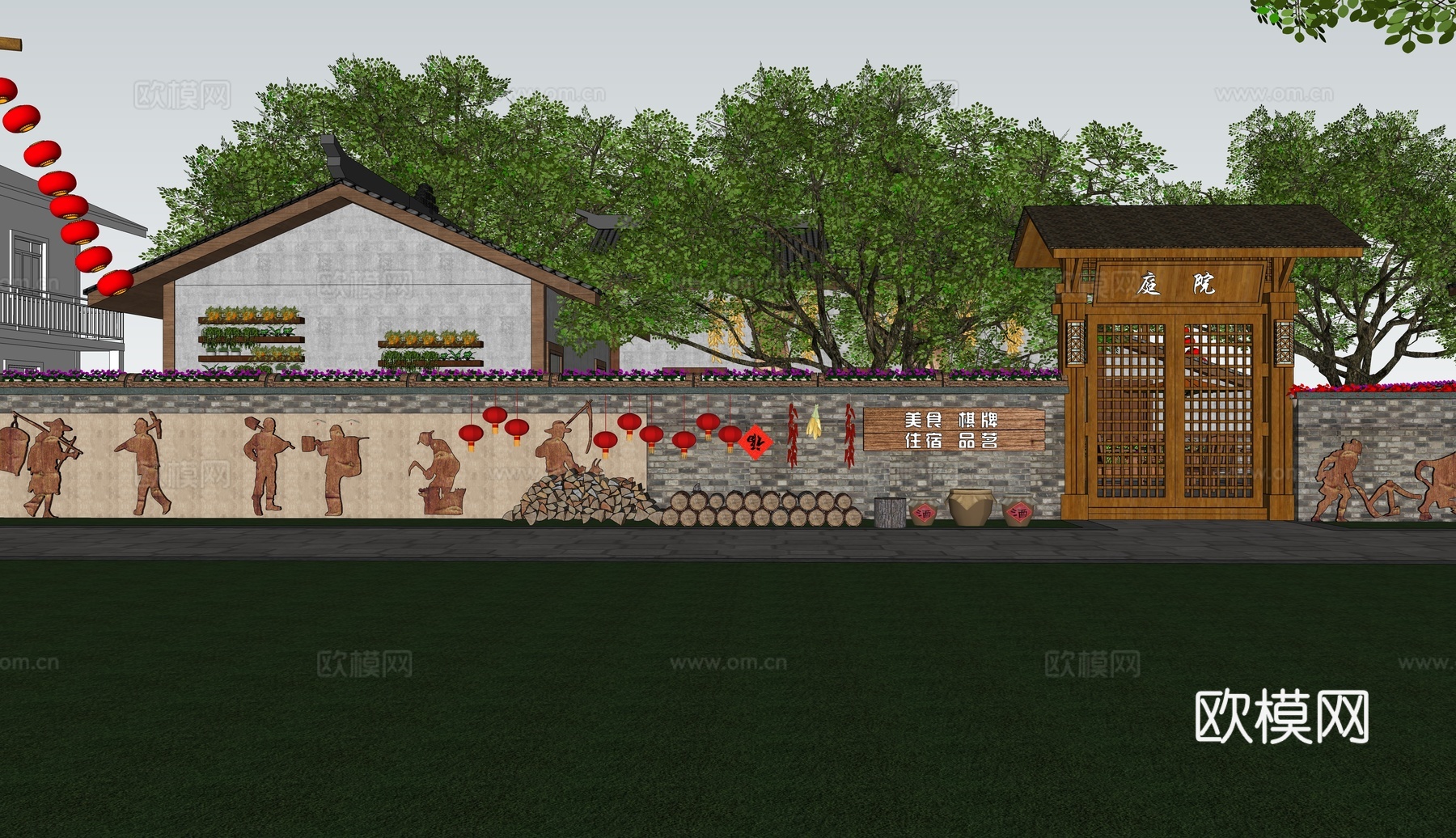 新中式乡村民宿建筑外观su模型下载