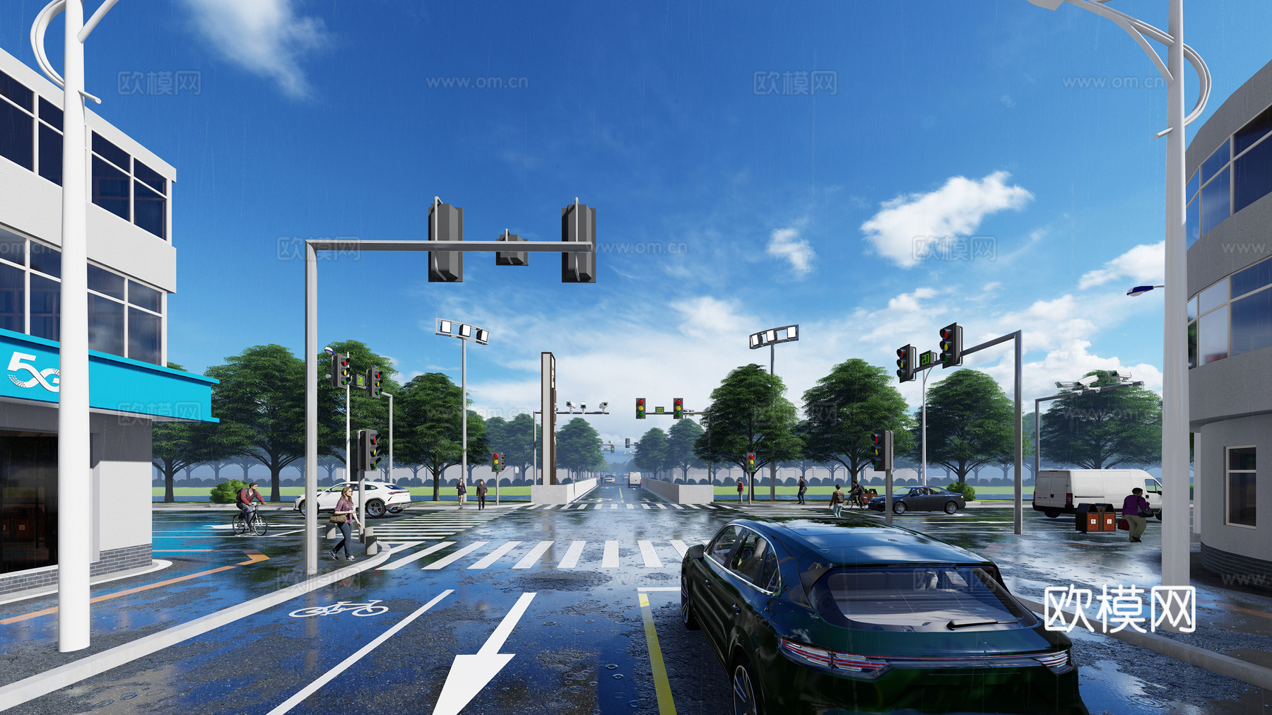 现代十字路口街道景观su模型下载