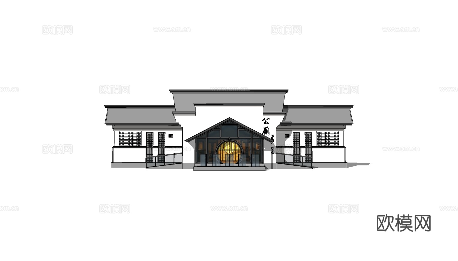 新中式公厕建筑外观su模型下载