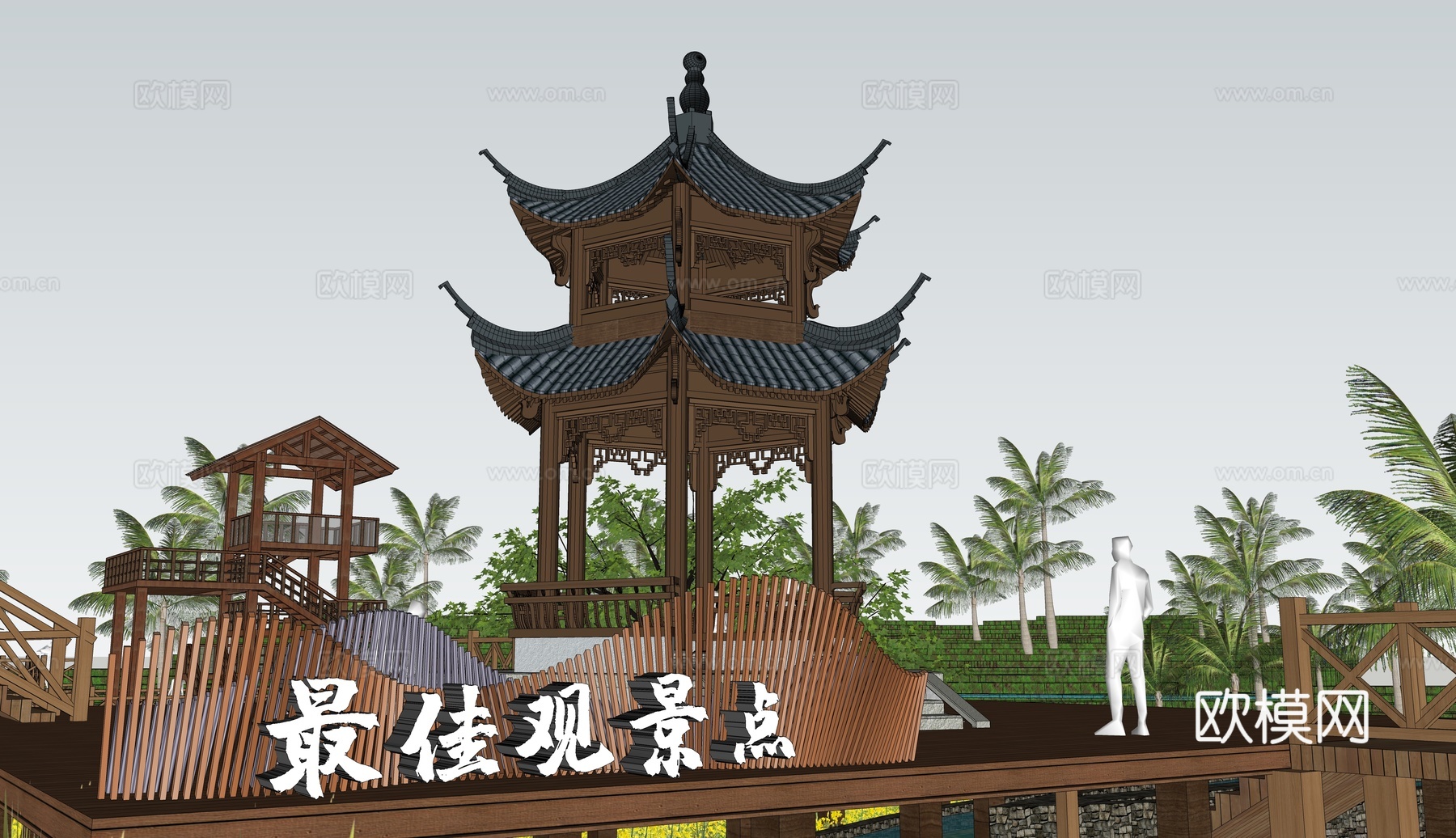 新中式六角亭观景平台su模型下载