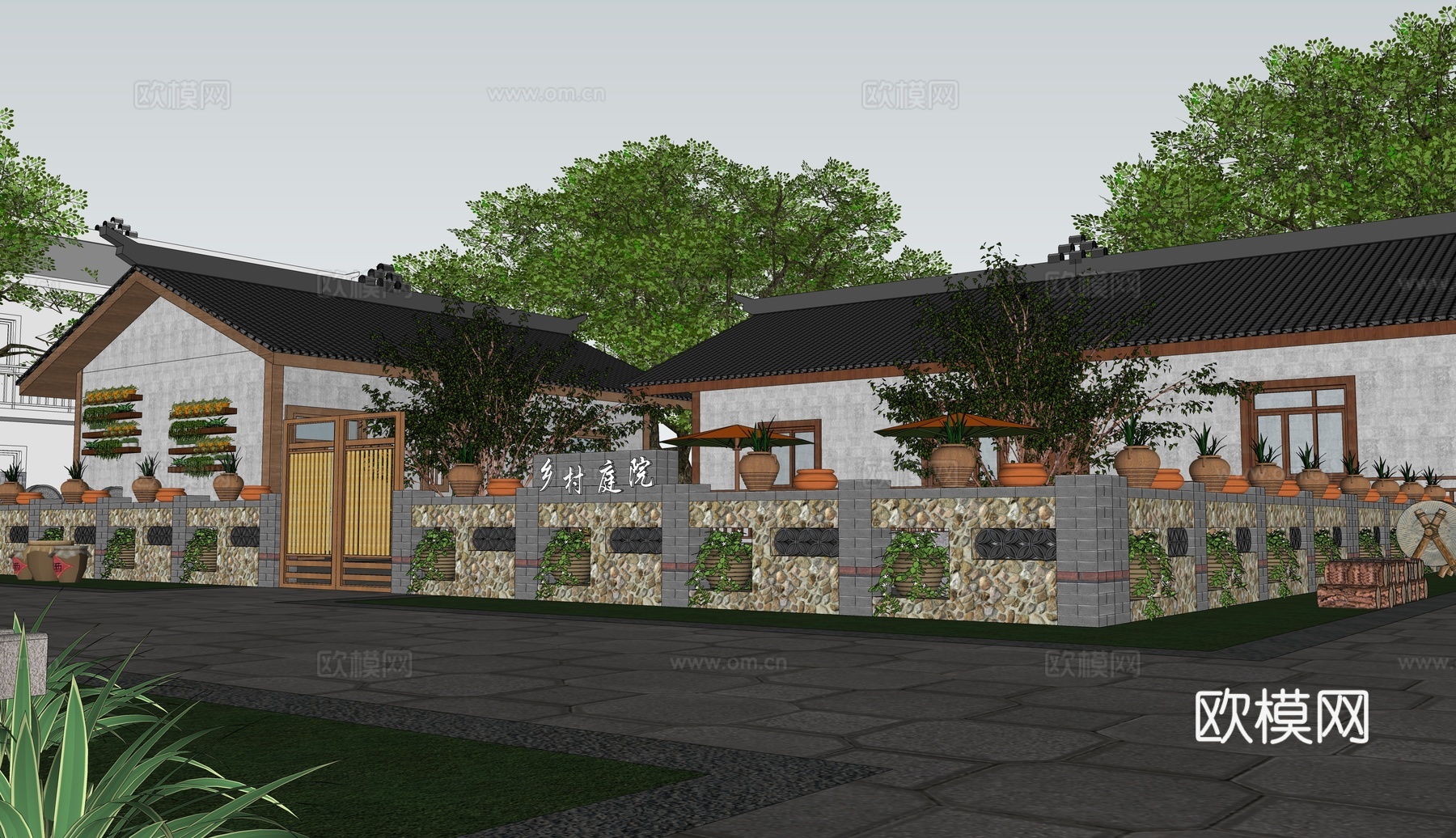 新中式乡村民宿建筑外观su模型下载