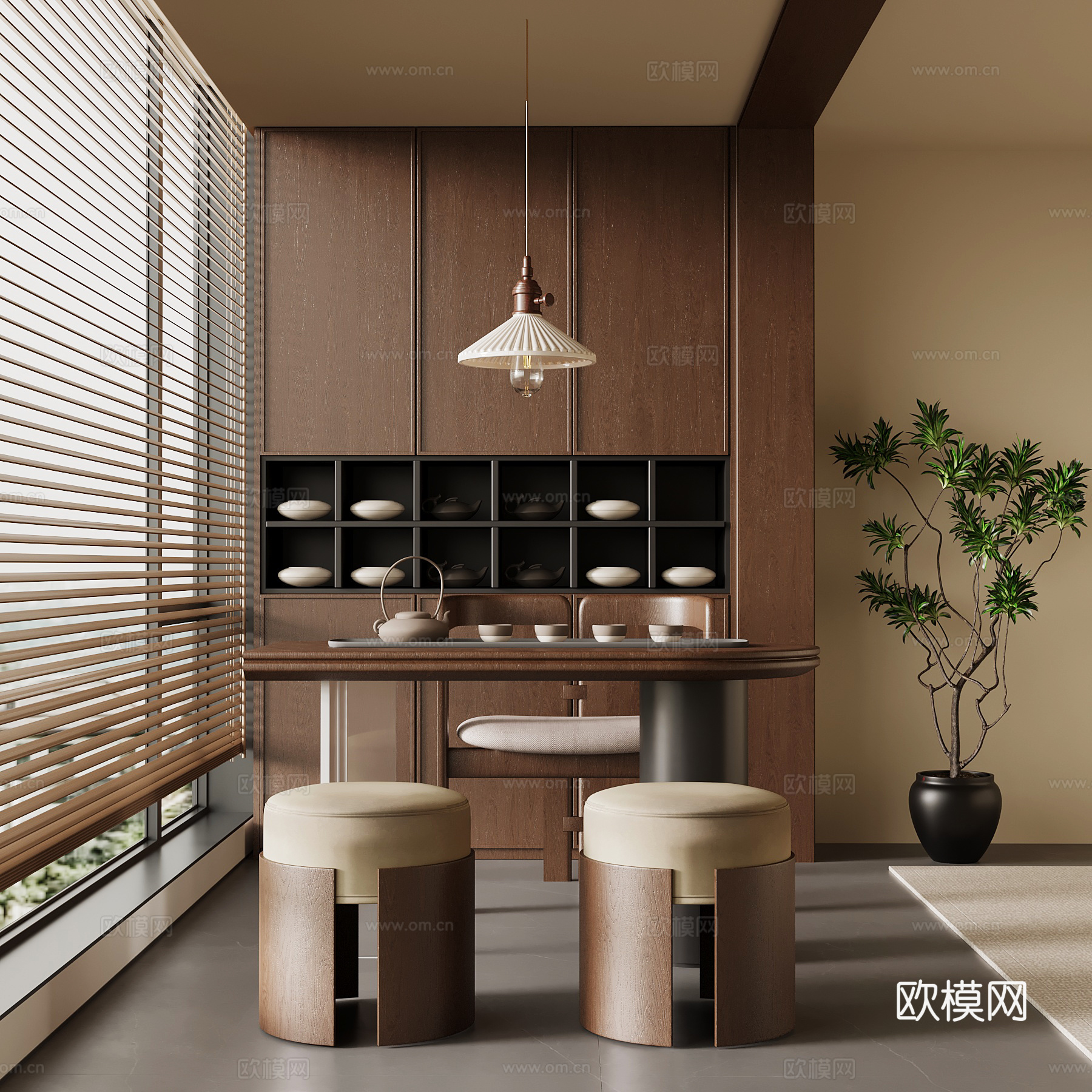 中古风小茶台 茶桌椅 装饰柜 落地灯3d模型