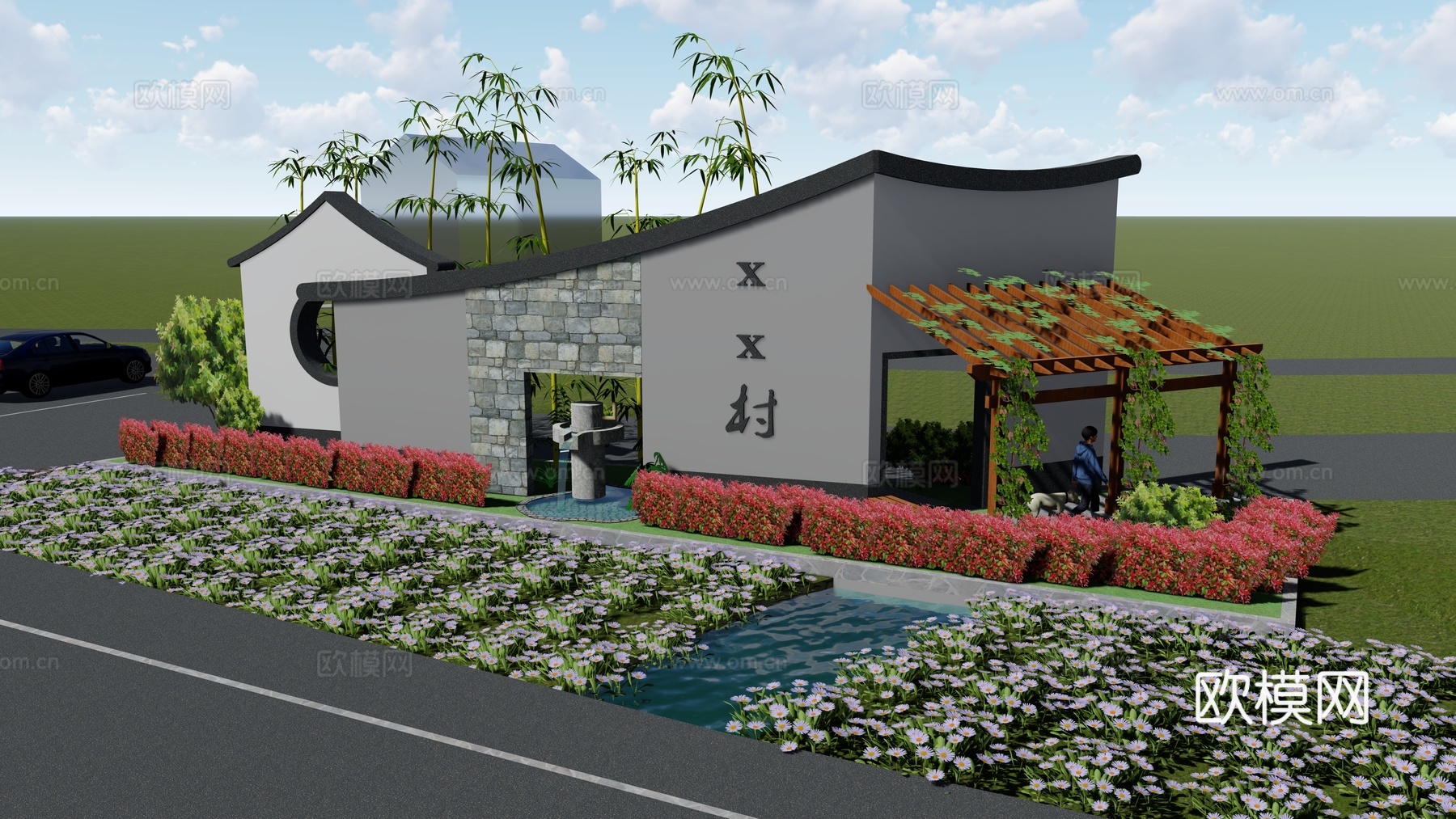 乡村入口节点景墙su模型下载