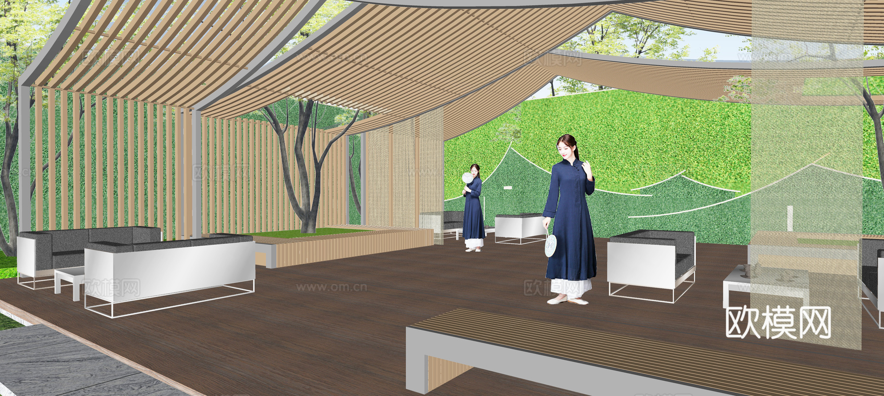 新中式斜屋顶廊架su模型下载