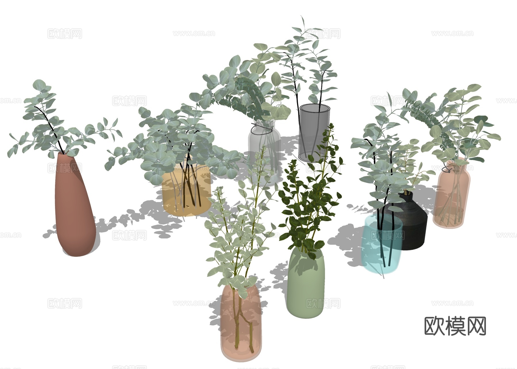 水培花瓶 尤加利叶 水养植物su模型下载