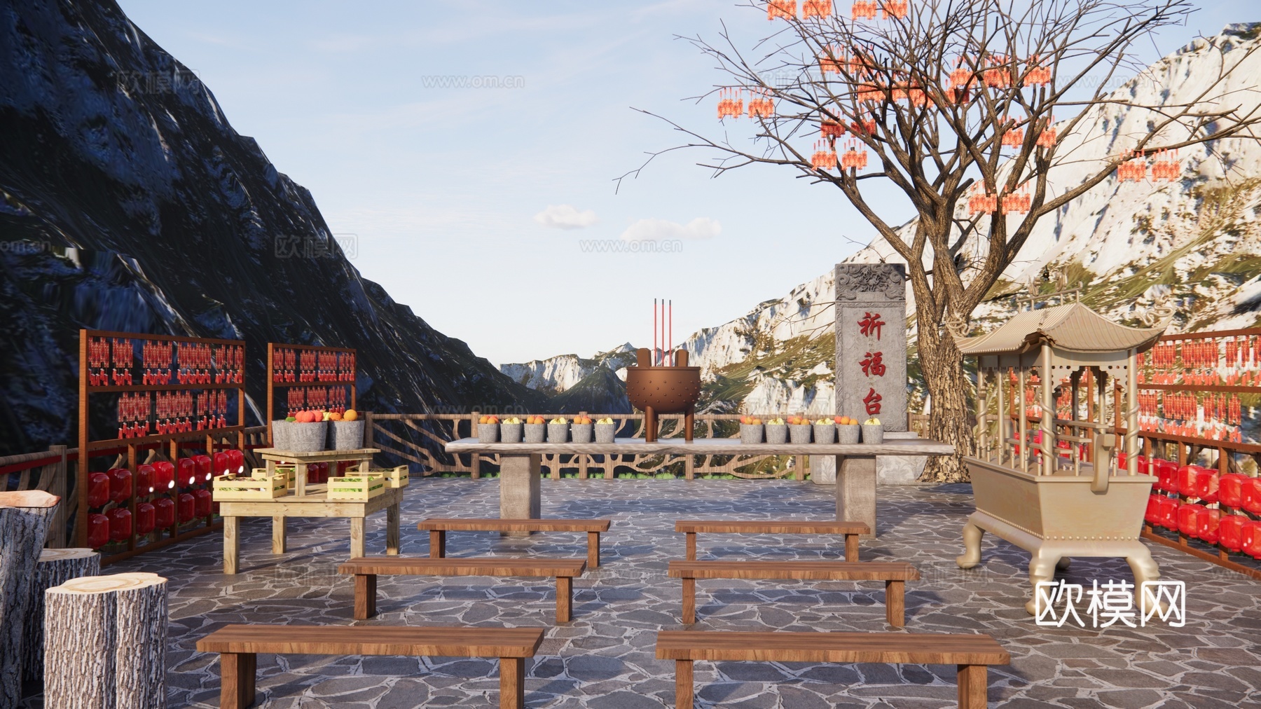 现代祈福广场景观 天台祈福 许愿树美陈 许愿景观树 祈福长廊 同心锁su模型下载
