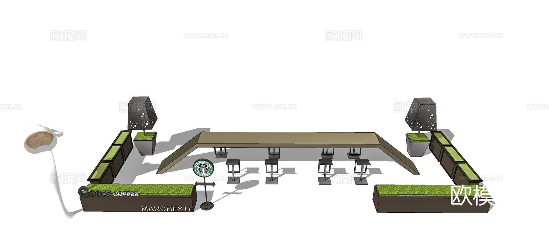 现代星巴克户外休闲桌椅su模型下载下载（渲染图1）