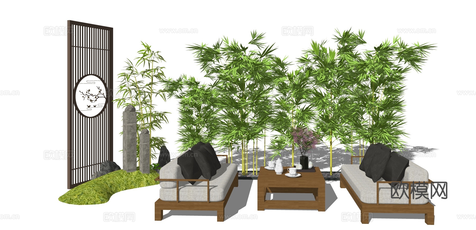 新中式实木组合沙发su模型下载